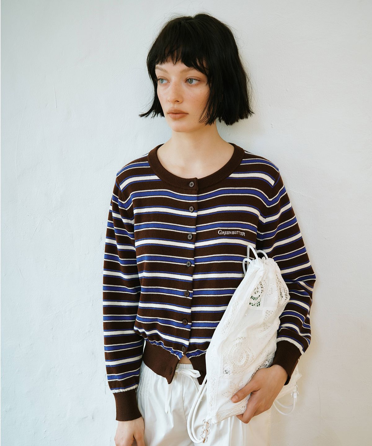 그린버터(GREENBUTTER) Easy-Care Stripe Cardigan (Brown)