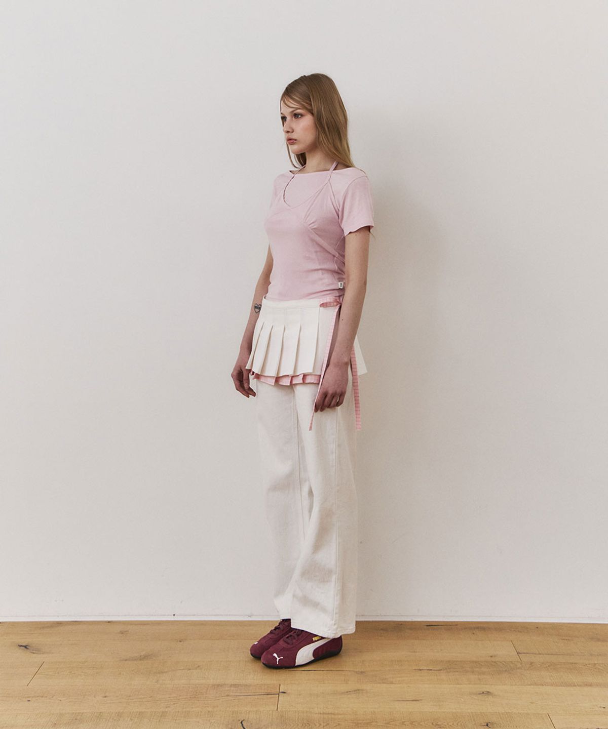 우네(OONE) Check Pleats Layered Skirt_Ivory