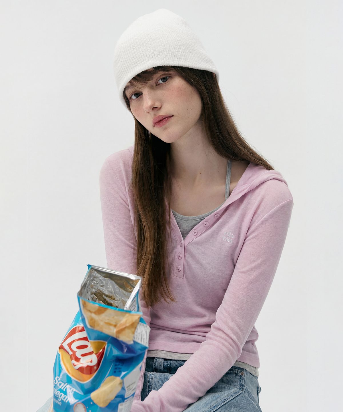 로라로라(ROLAROLA) NUBASIC SLIM FIT HALTER HOOD T-SHIRT L/PINK