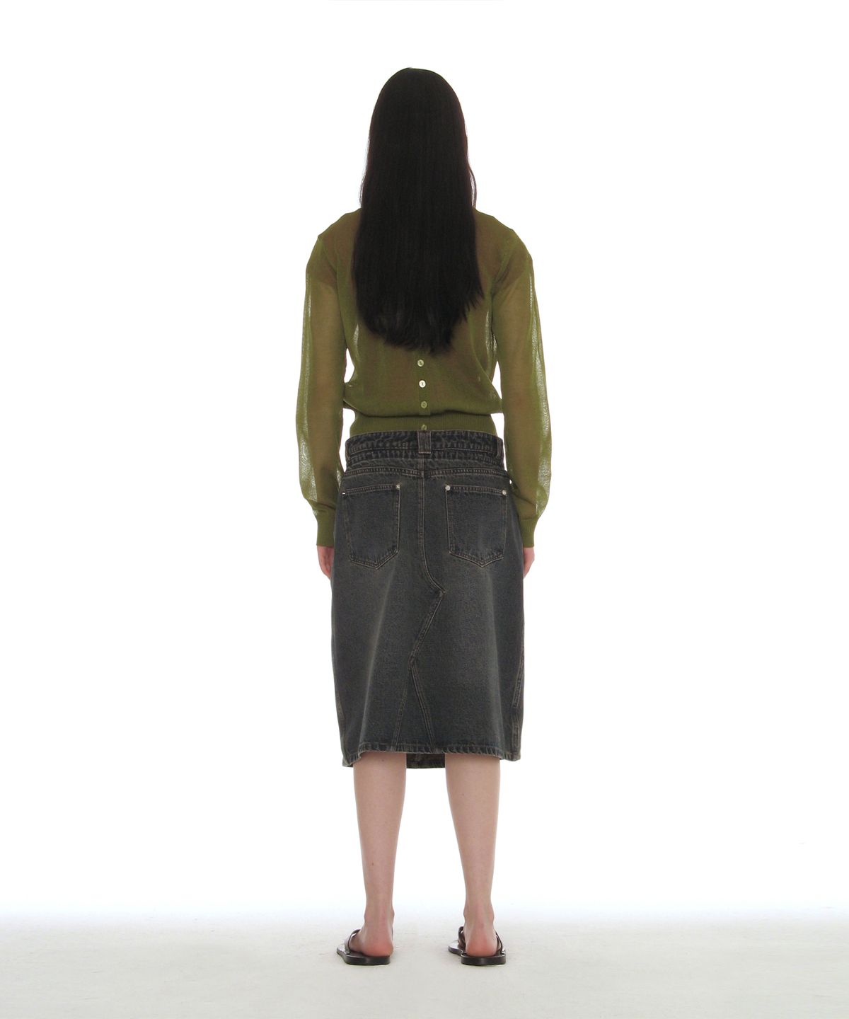 파르티멘토 우먼(PARTIMENTO WOMEN) 드로스트링 데님 미디 스커트_다크 블루