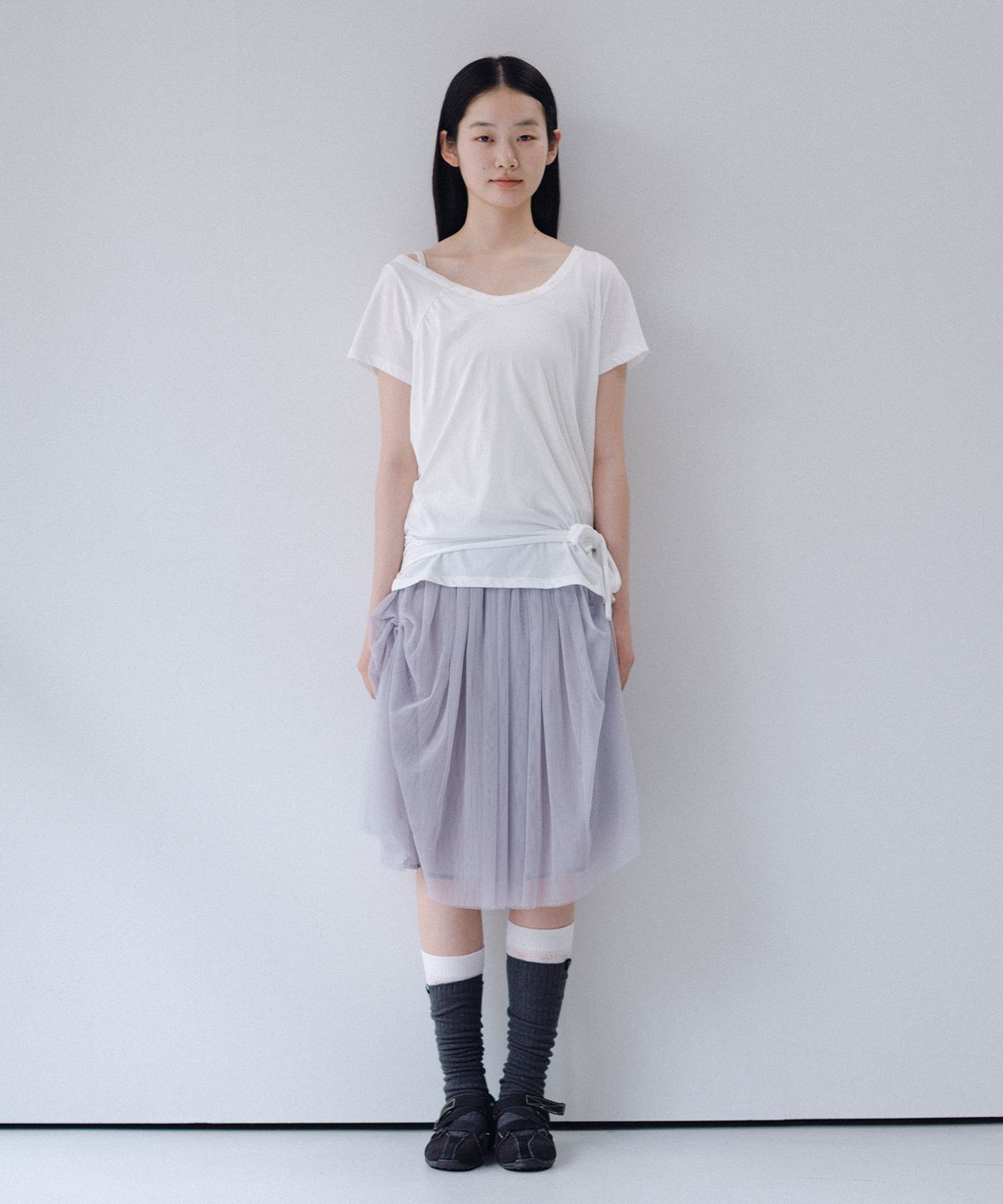오헤시오(OHESHIO) SHEER DRAPE BANDING SKIRT, GRAY