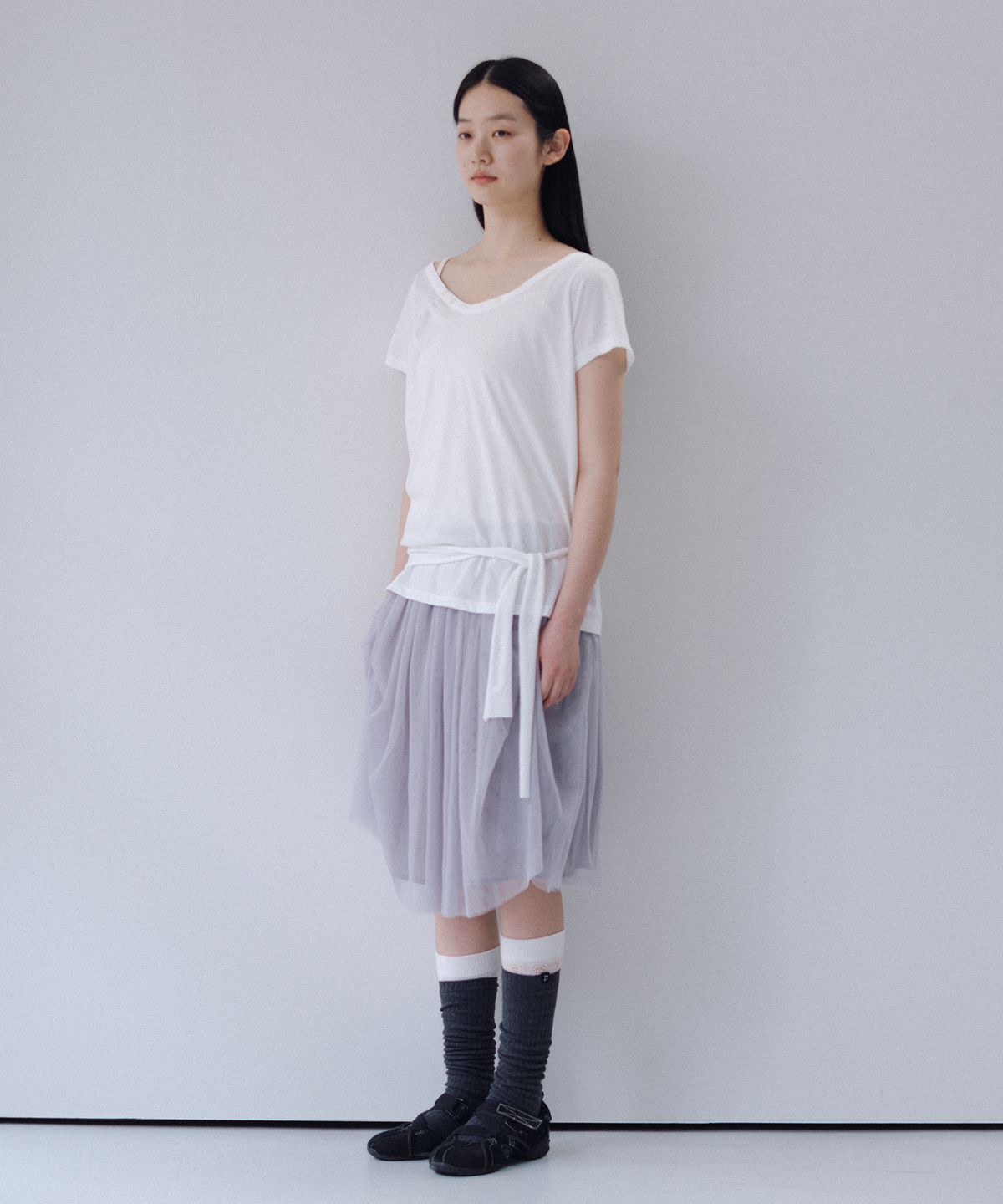 오헤시오(OHESHIO) SHEER DRAPE BANDING SKIRT, GRAY