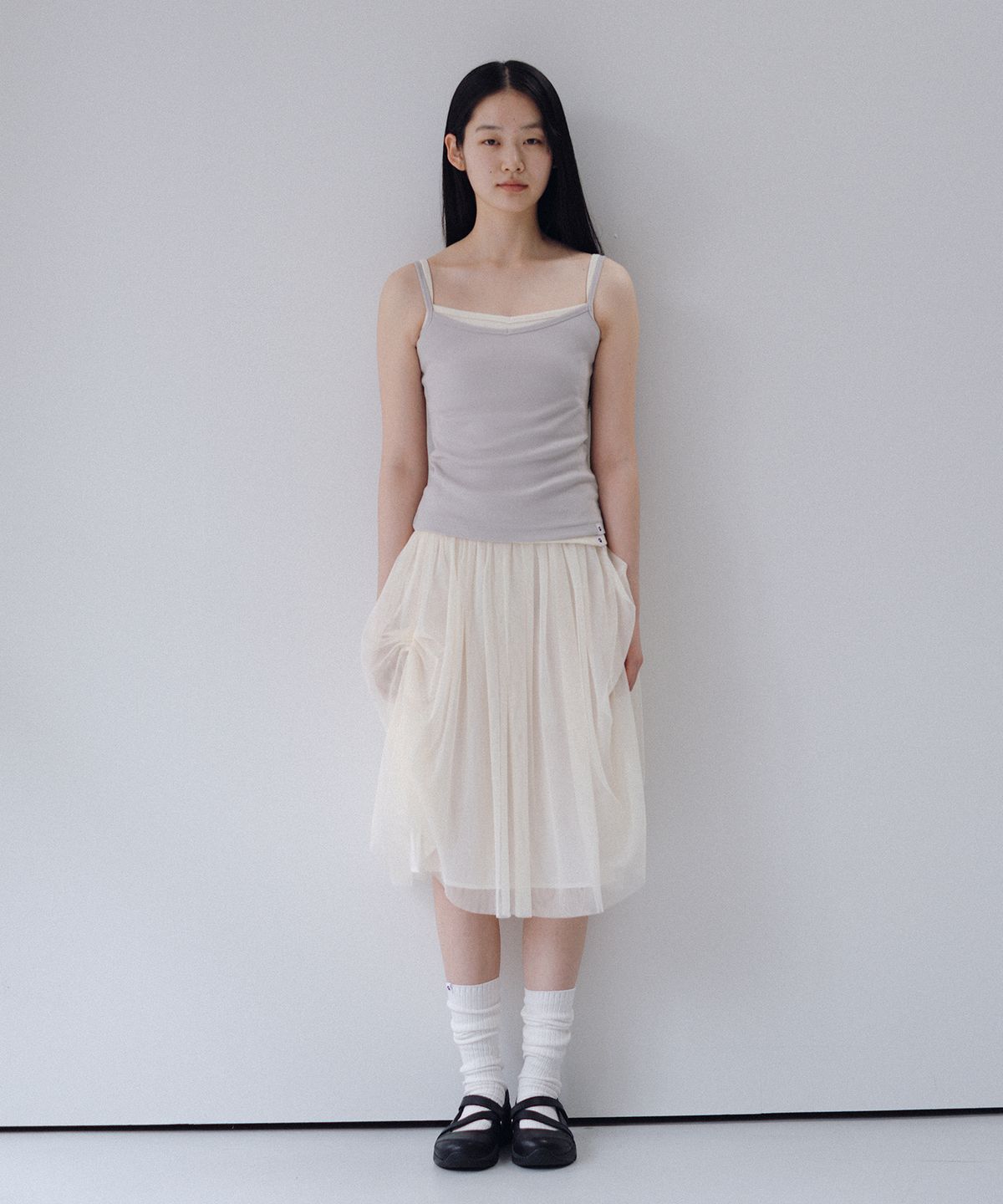 오헤시오(OHESHIO) SHEER DRAPE BANDING SKIRT, IVORY