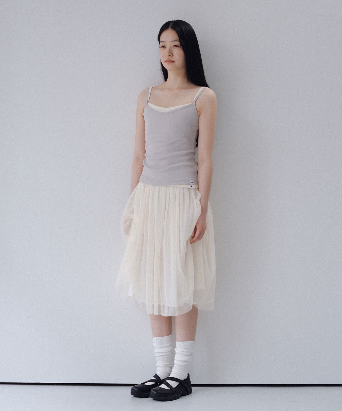 오헤시오(OHESHIO) SHEER DRAPE BANDING SKIRT, IVORY