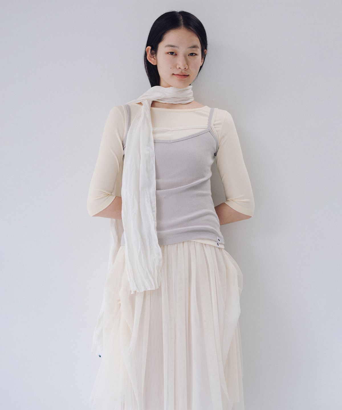 오헤시오(OHESHIO) SHEER DRAPE BANDING SKIRT, IVORY