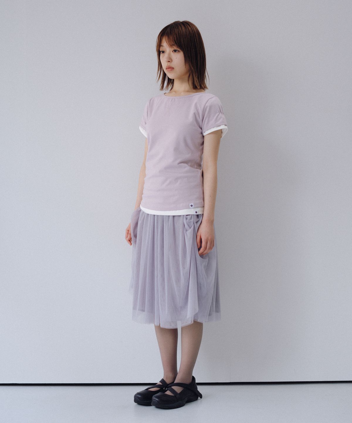 오헤시오(OHESHIO) BACK BUTTON SHIRRING T-SHIRT, LAVENDER