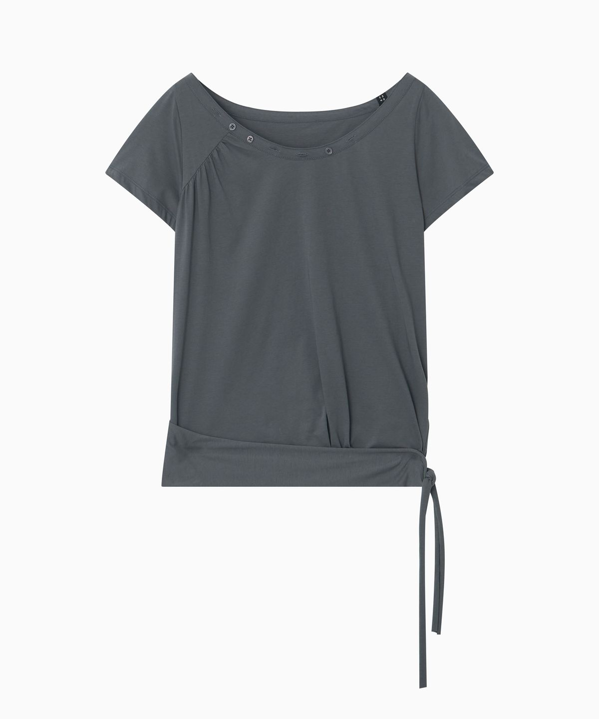 오헤시오(OHESHIO) ONE-SHOULDER WRAP T-SHIRT, CHARCOAL