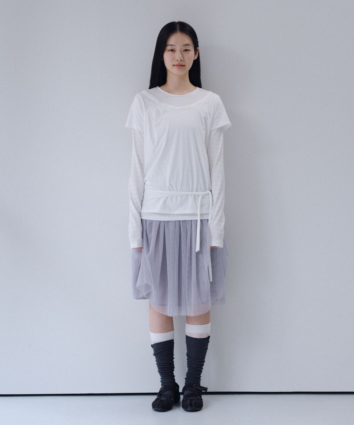 오헤시오(OHESHIO) ONE-SHOULDER WRAP T-SHIRT, IVORY