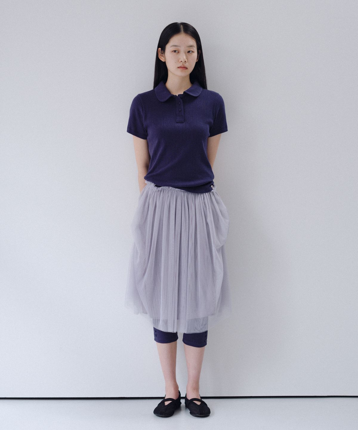 오헤시오(OHESHIO) ROUND COLLAR JACQUARD PUNCHING TEE, NAVY