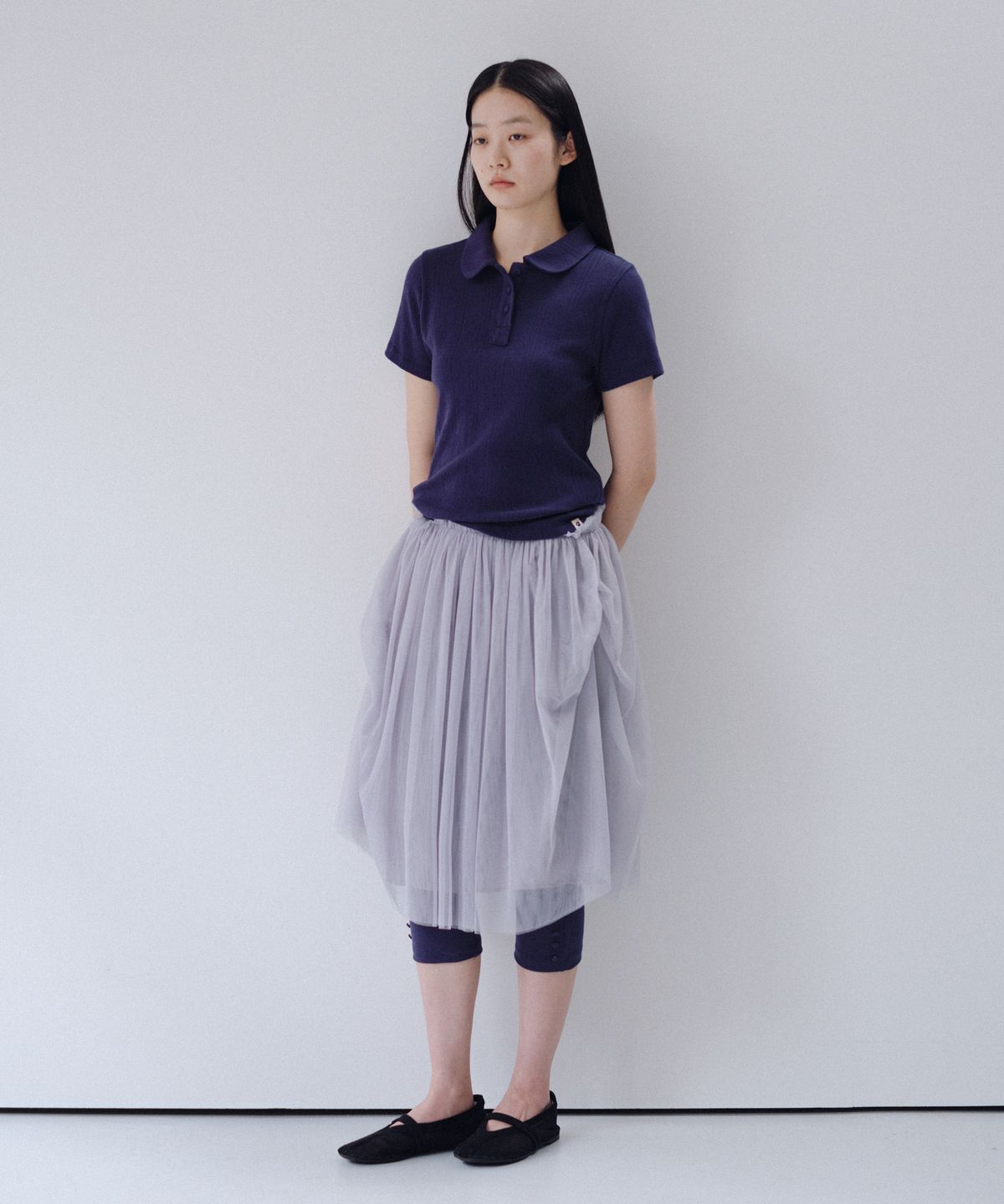 오헤시오(OHESHIO) ROUND COLLAR JACQUARD PUNCHING TEE, NAVY