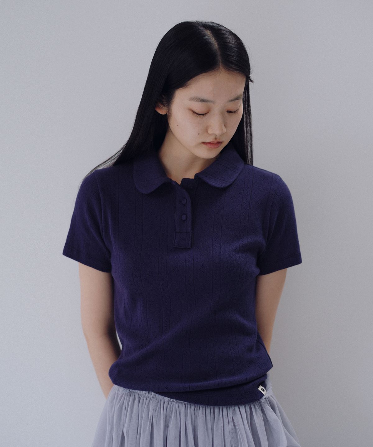 오헤시오(OHESHIO) ROUND COLLAR JACQUARD PUNCHING TEE, NAVY