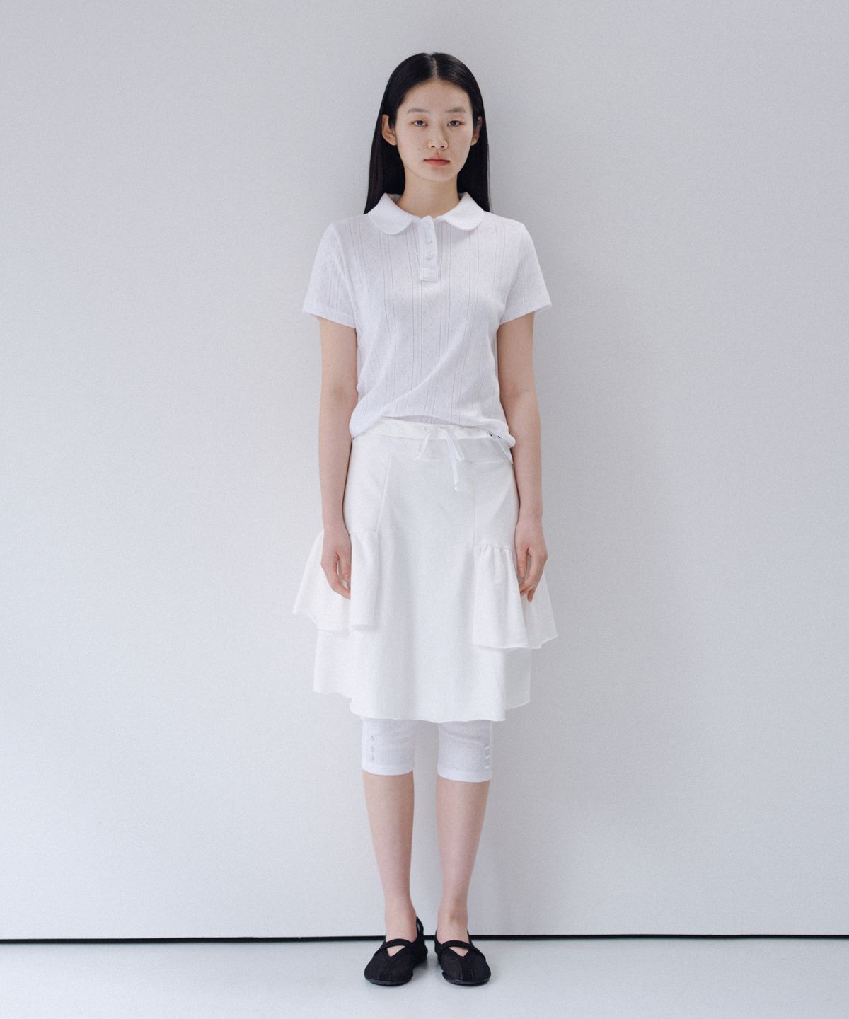 오헤시오(OHESHIO) ROUND COLLAR JACQUARD PUNCHING TEE, WHITE