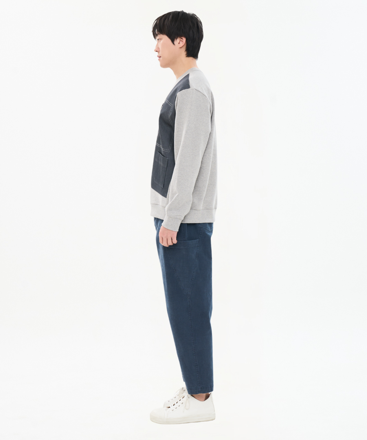 커스텀어스(CUSTOMUS) 남자 데님 패치워크 배색 맨투맨 지퍼포켓 오버핏 스웨트셔츠 CXS26SKMT202 GRY