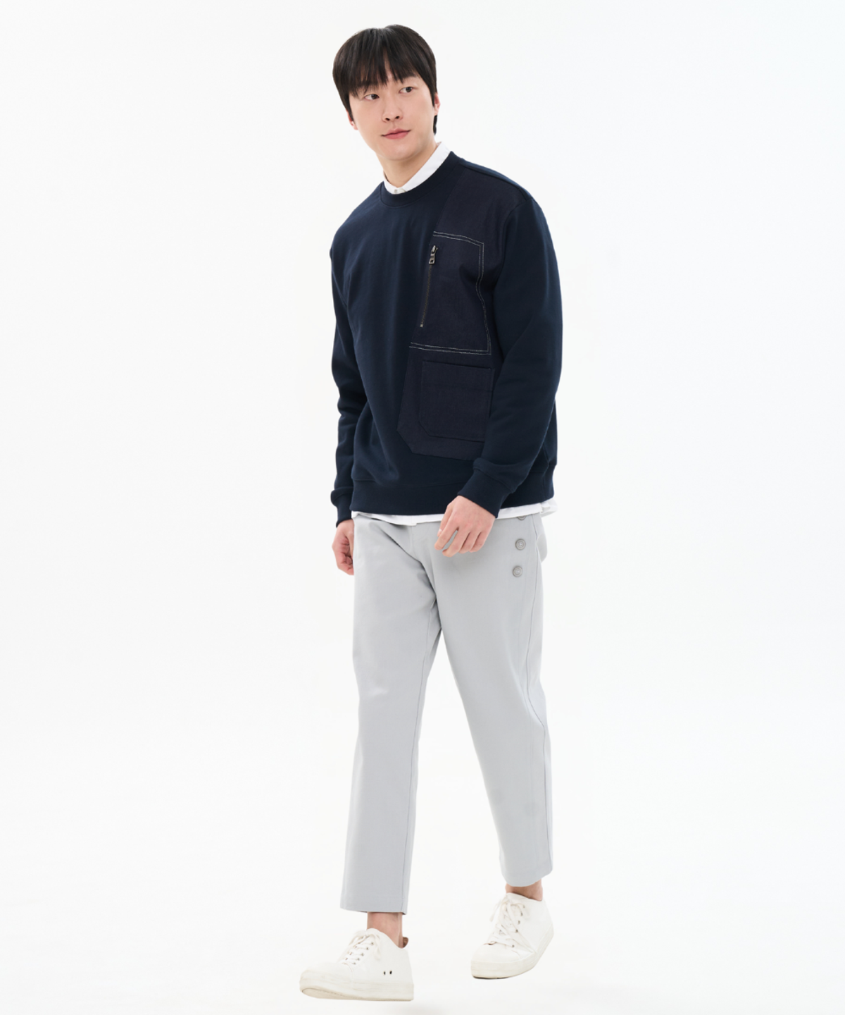 커스텀어스(CUSTOMUS) 남자 데님 패치워크 배색 맨투맨 지퍼포켓 오버핏 스웨트셔츠 CXS26SKMT202 NAV