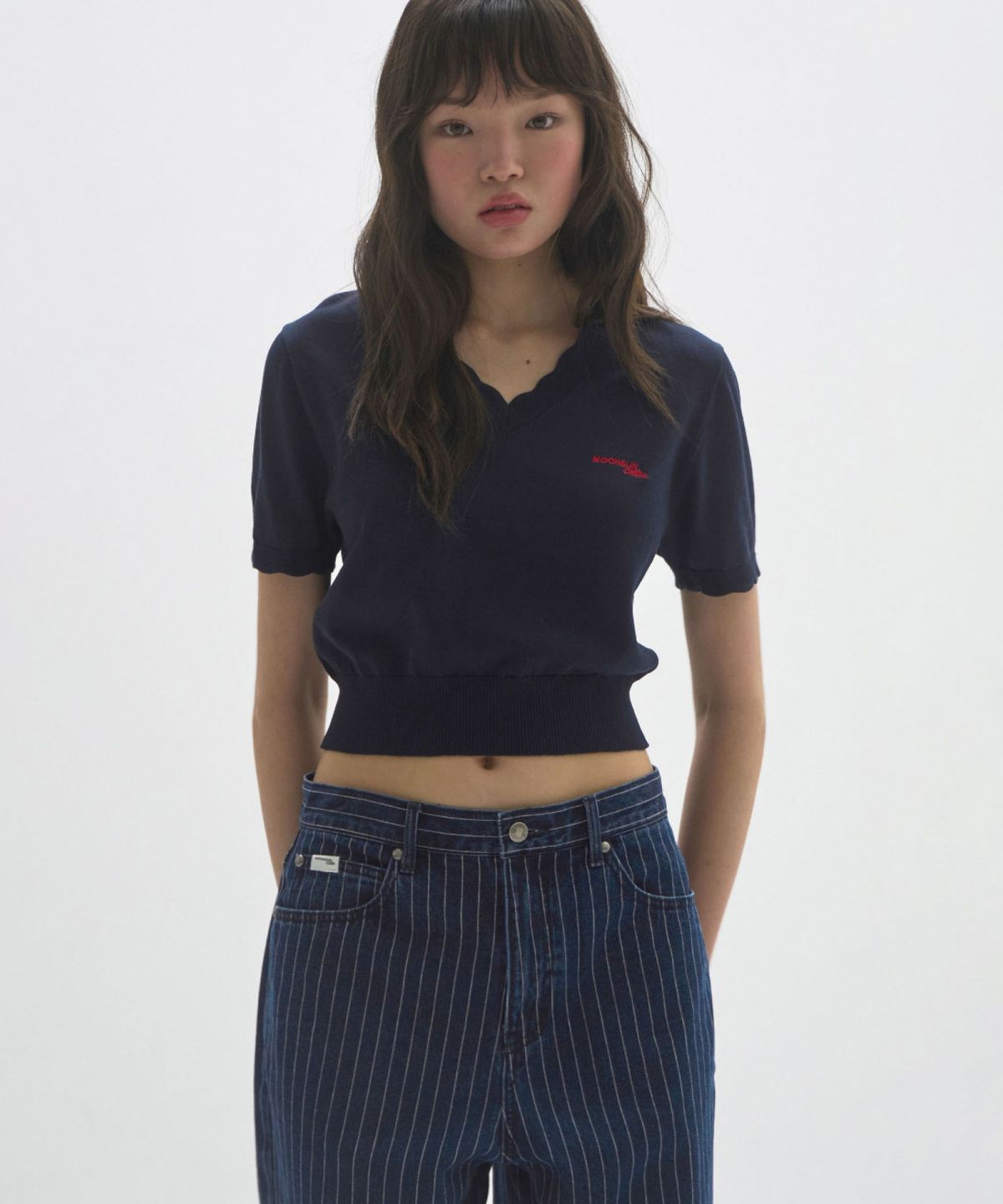 문선 아카이브(MOONSUN ARCHIVE) M.C Lace Neck Crop Knit / NAVY