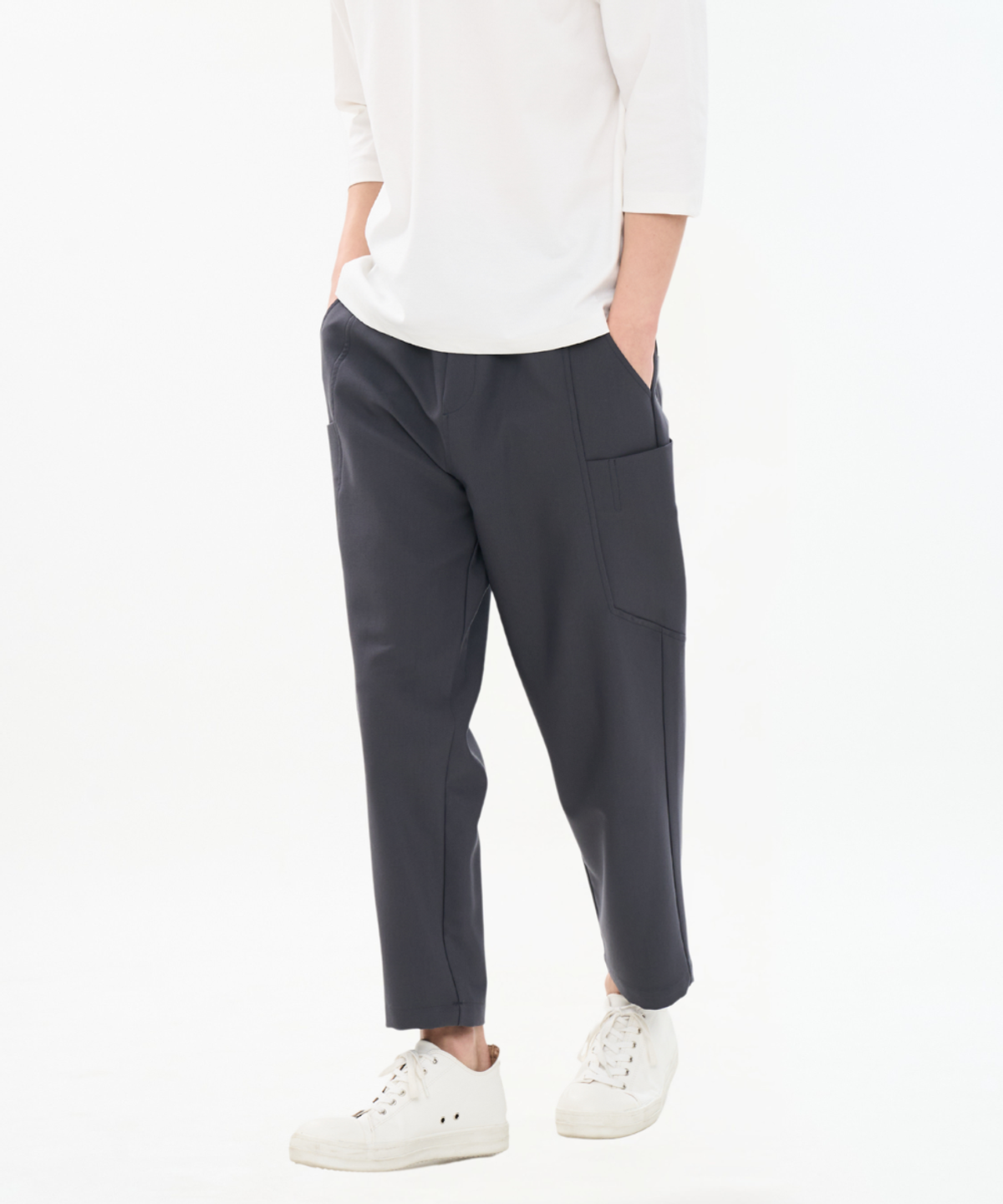 커스텀어스(CUSTOMUS) 남자 변형 주머니 절개라인 배기핏 허리 전체 E밴딩 9부 슬랙스 CXS26SWPT210 GRY
