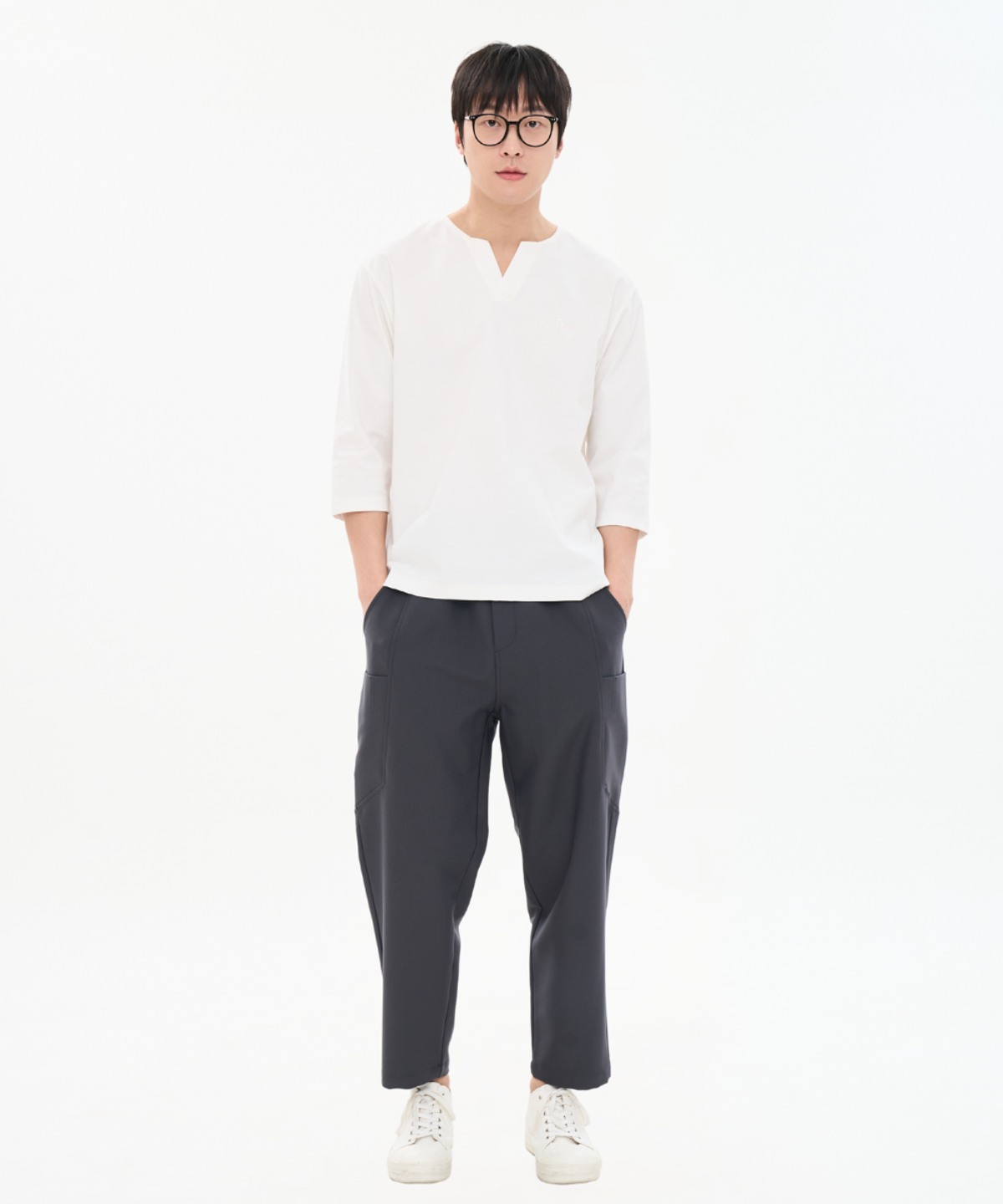 커스텀어스(CUSTOMUS) 남자 변형 주머니 절개라인 배기핏 허리 전체 E밴딩 9부 슬랙스 CXS26SWPT210 GRY