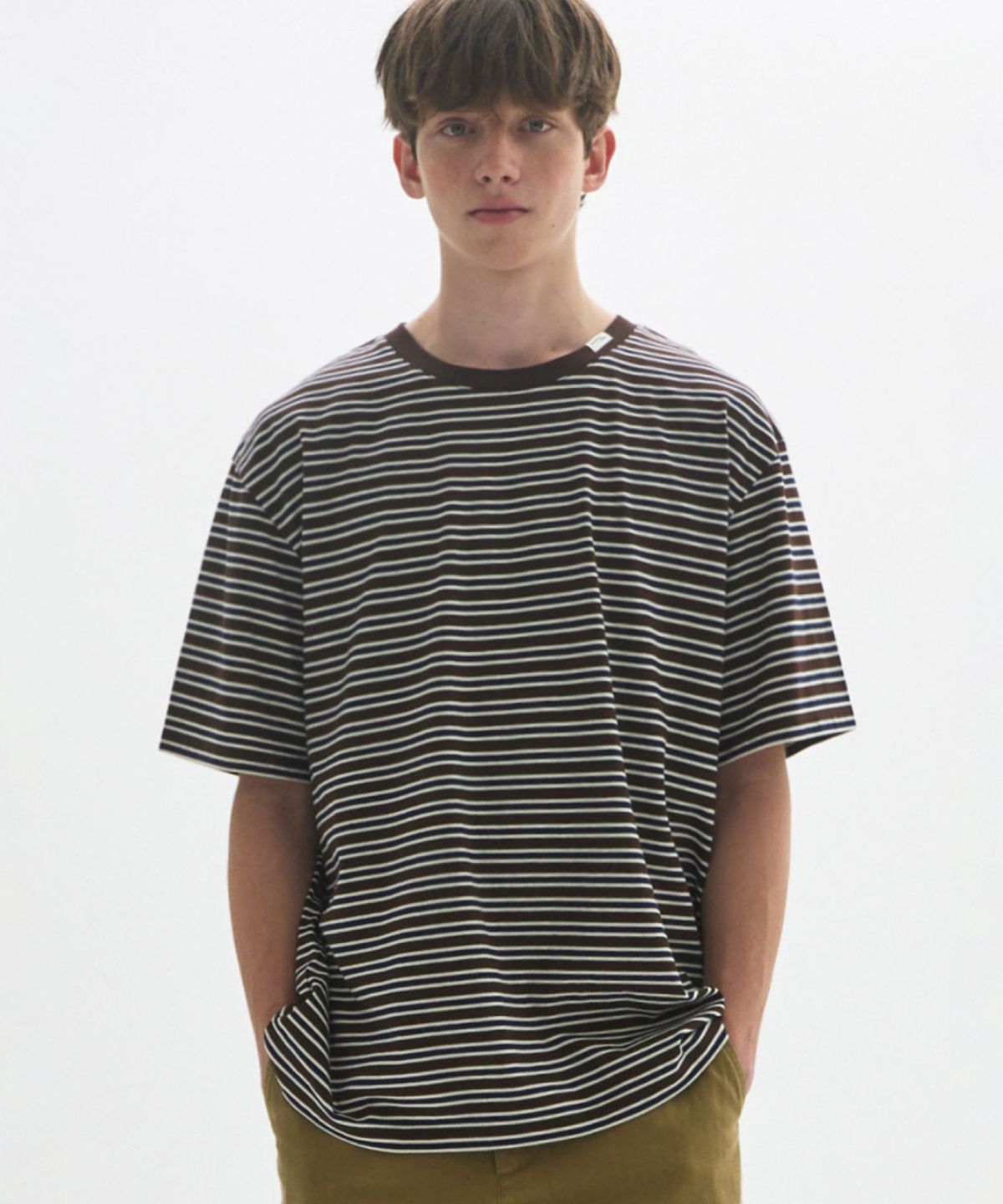 문선 아카이브(MOONSUN ARCHIVE) M.C UNISEX, Stripe Oversized T-Shirt / KHAKI BROWN STRIPE
