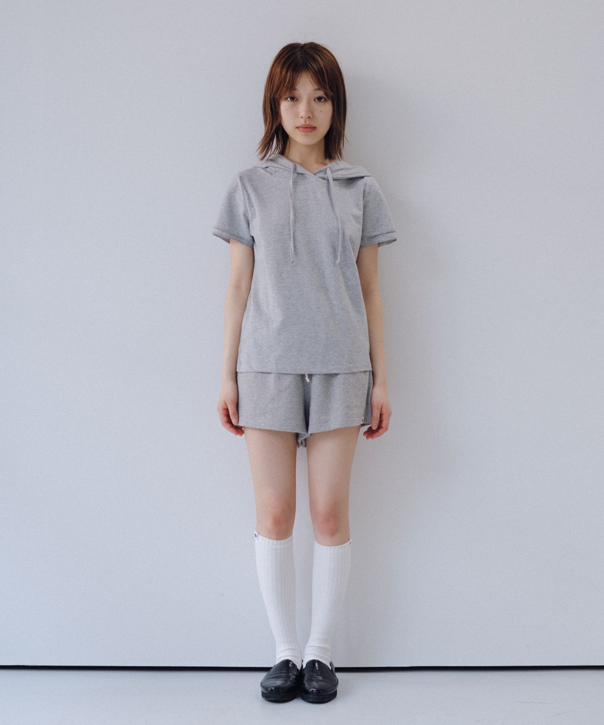 오헤시오(OHESHIO) HOODED LAYERED CAP SLEEVE T-SHIRT, MELANGE