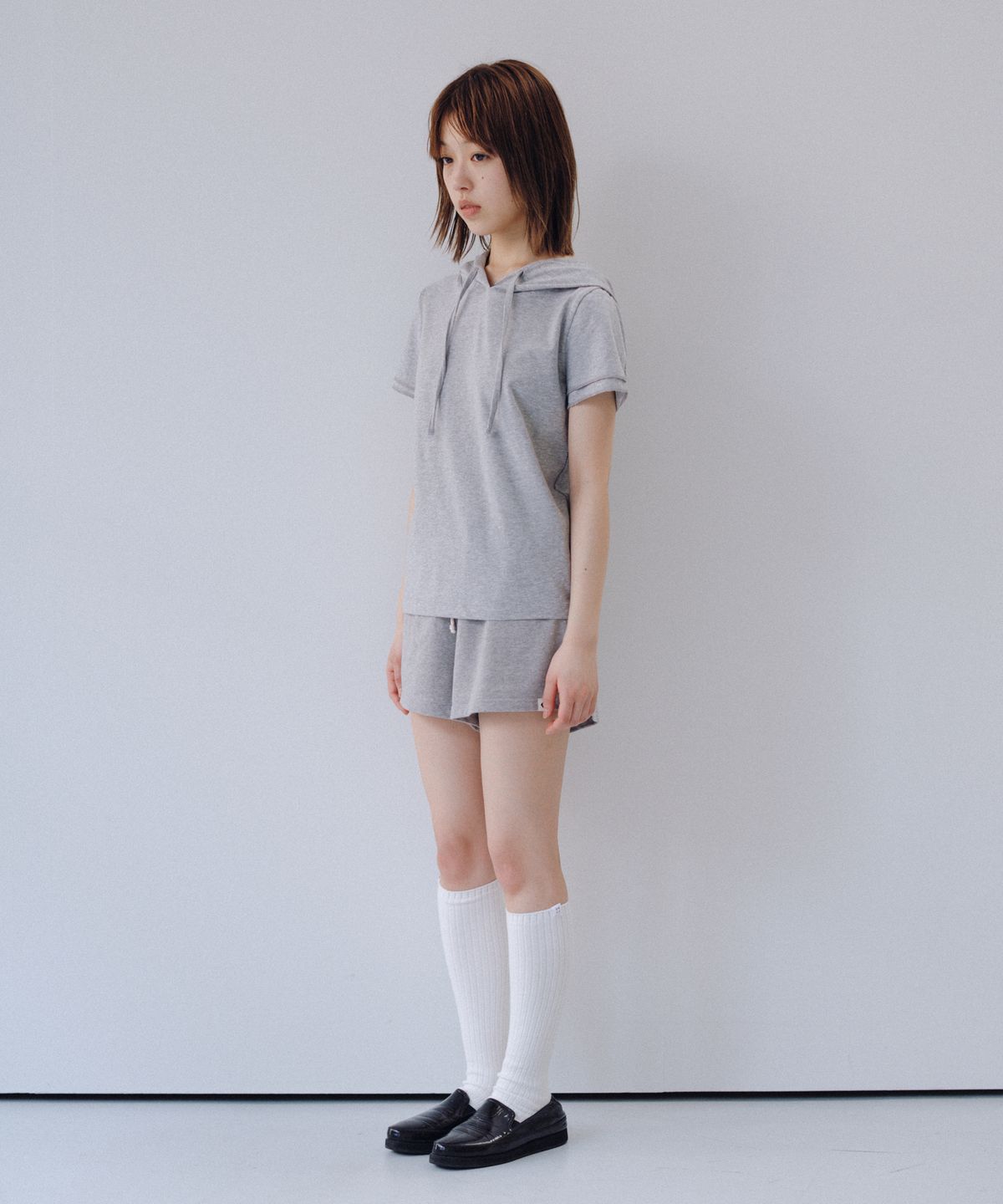 오헤시오(OHESHIO) HOODED LAYERED CAP SLEEVE T-SHIRT, MELANGE