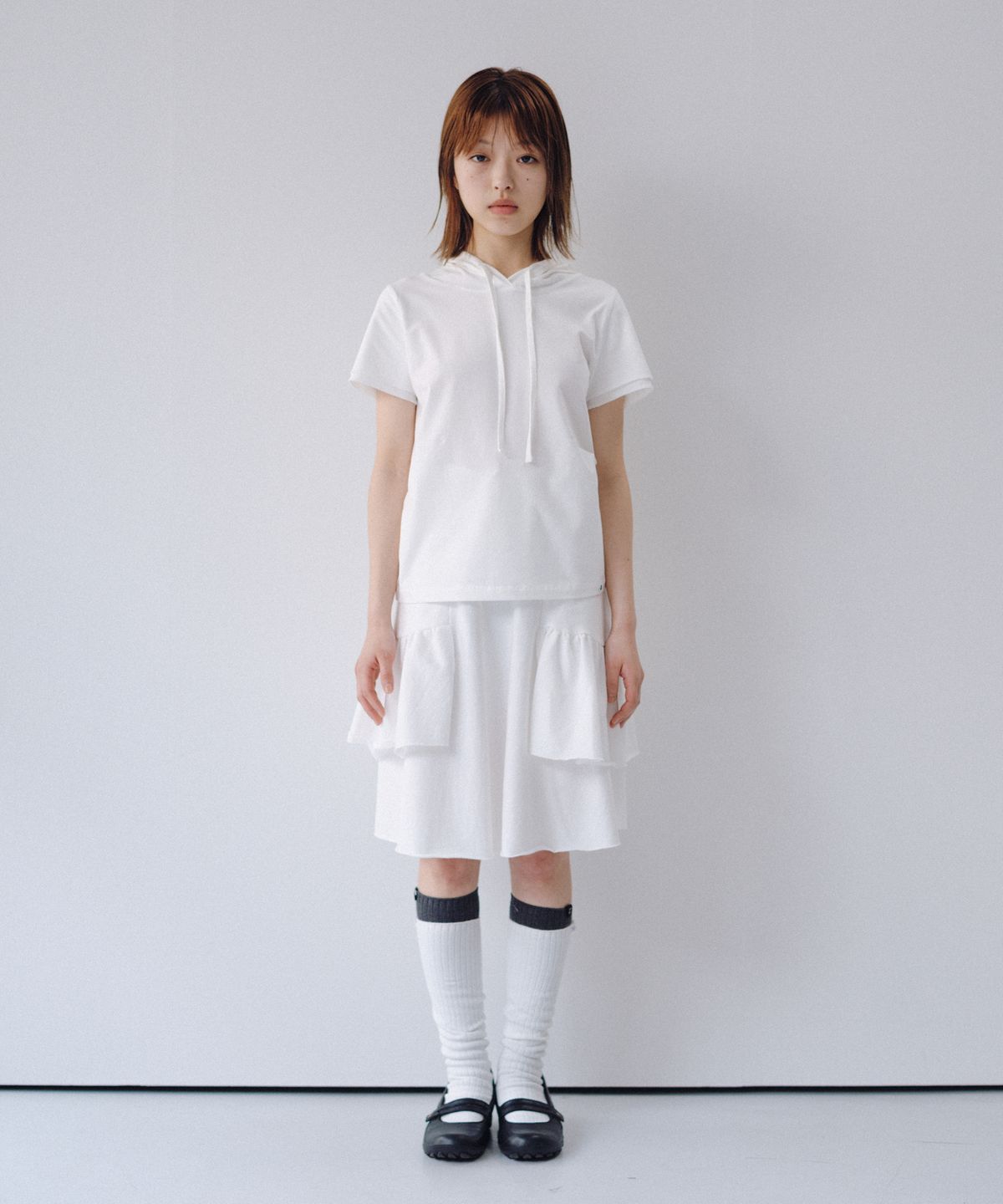 오헤시오(OHESHIO) HOODED LAYERED CAP SLEEVE T-SHIRT, WHITE