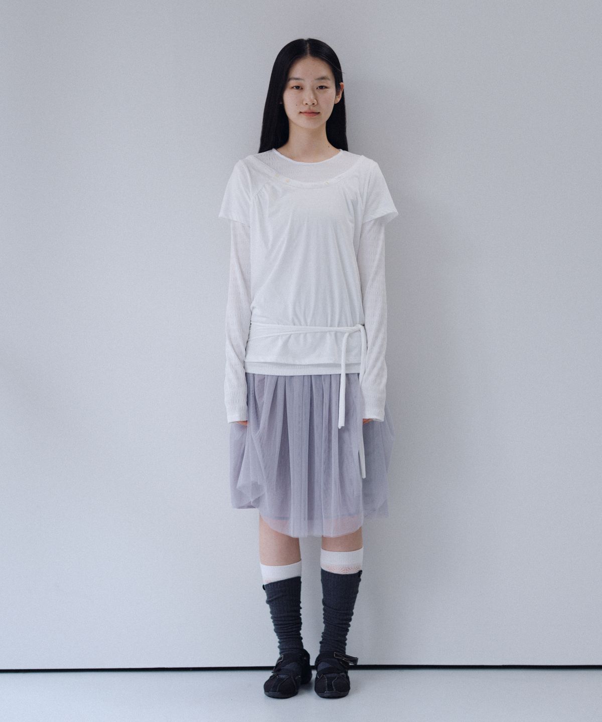 오헤시오(OHESHIO) STRIPE PLEATED LONG SLEEVE, WHITE