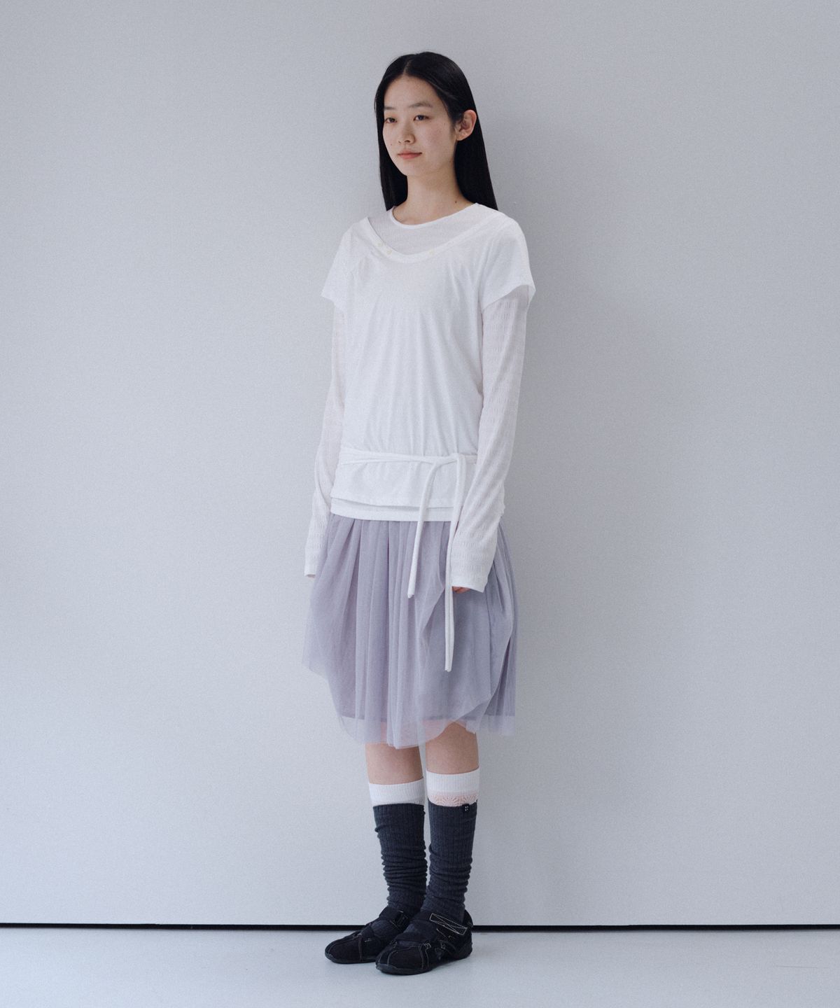 오헤시오(OHESHIO) STRIPE PLEATED LONG SLEEVE, WHITE
