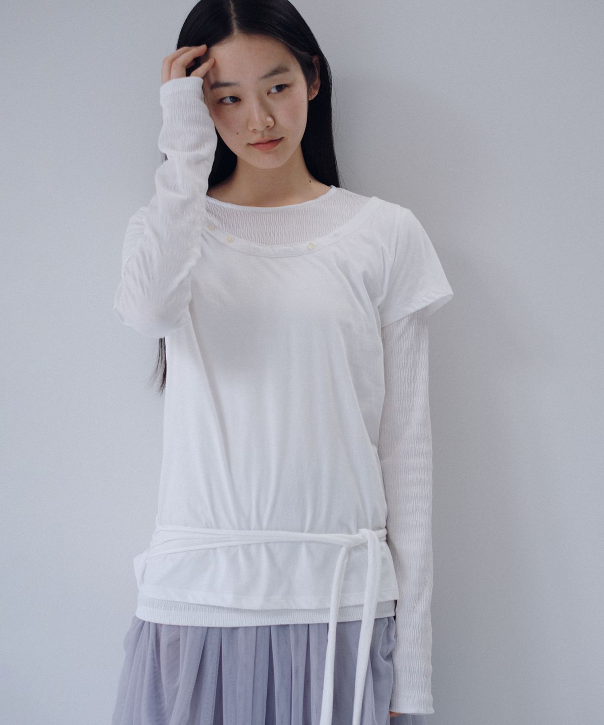 오헤시오(OHESHIO) STRIPE PLEATED LONG SLEEVE, WHITE