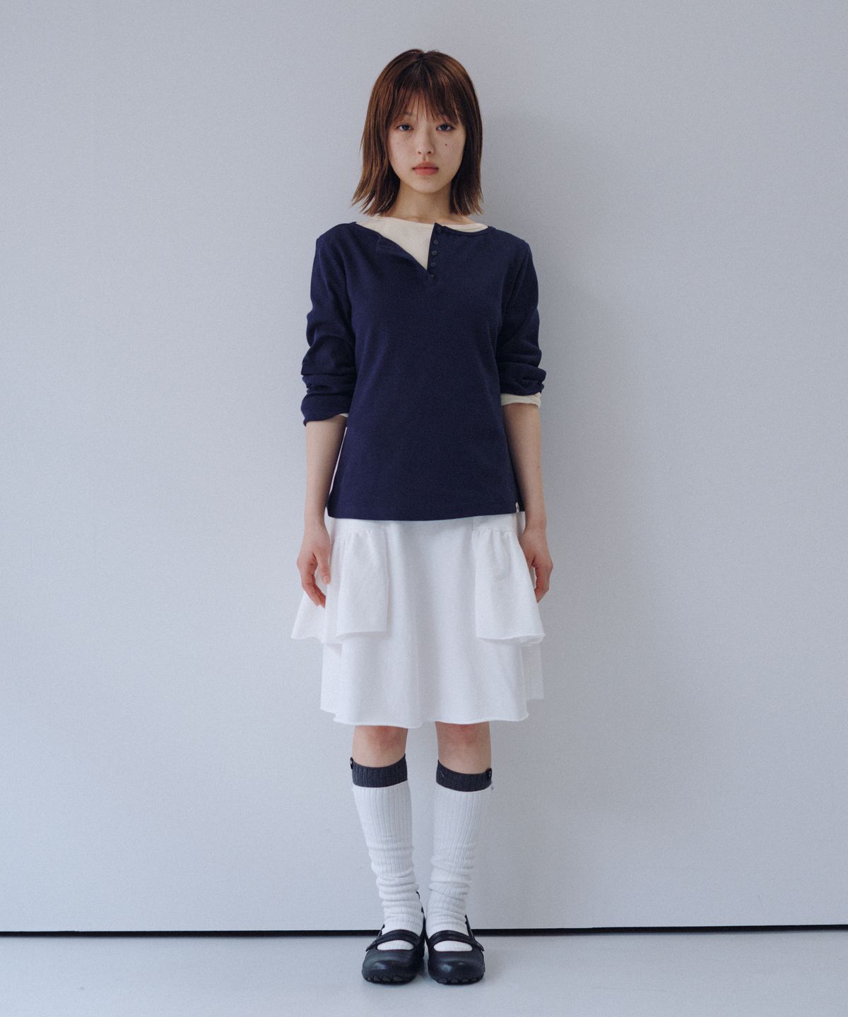 오헤시오(OHESHIO) HENLEY NECK BUTTON LONG SLEEVE, NAVY