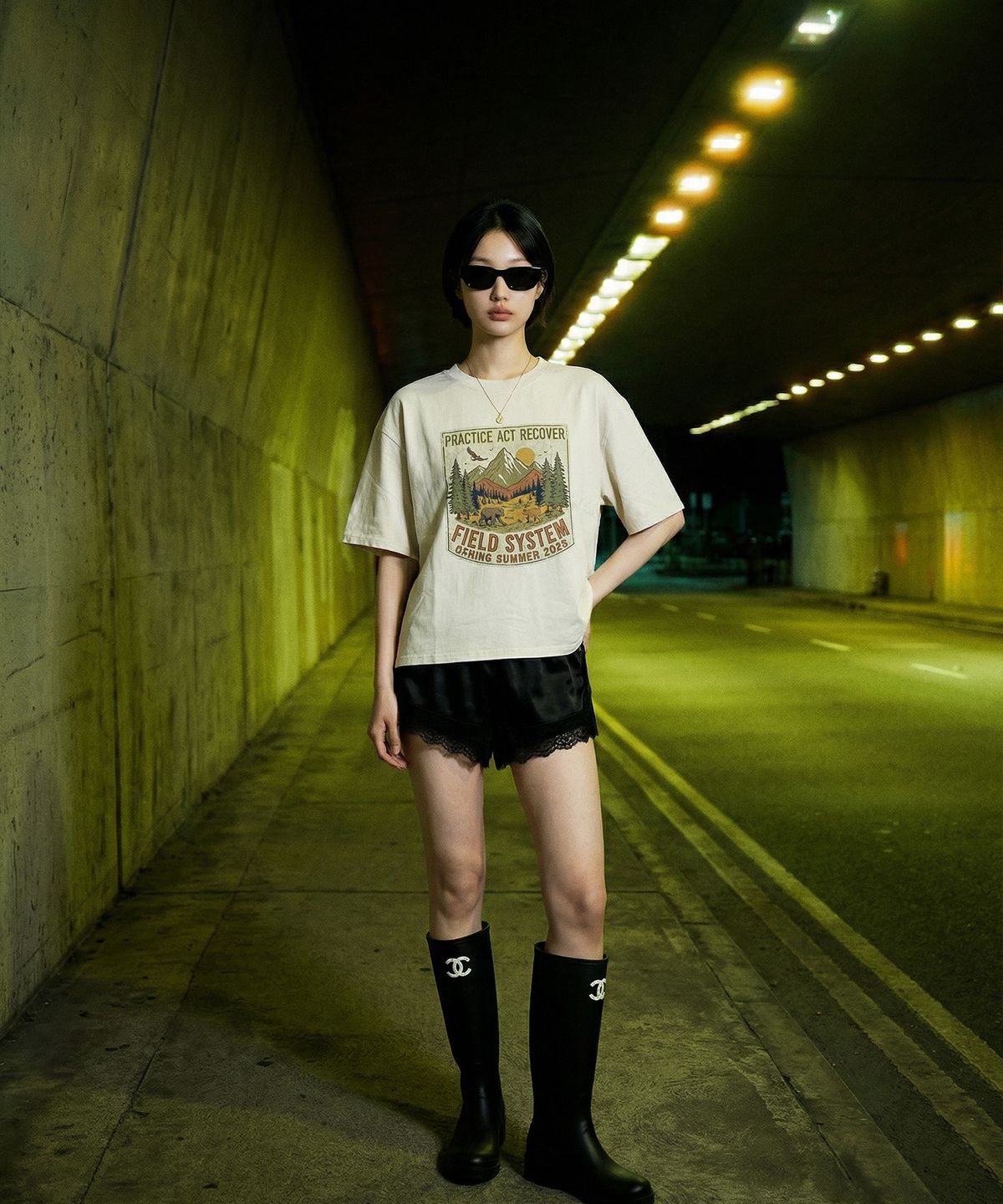 랑가주망(LENGAGEMENT) Field System Salt Wash Crop Short Sleeve T-Shirt (White)