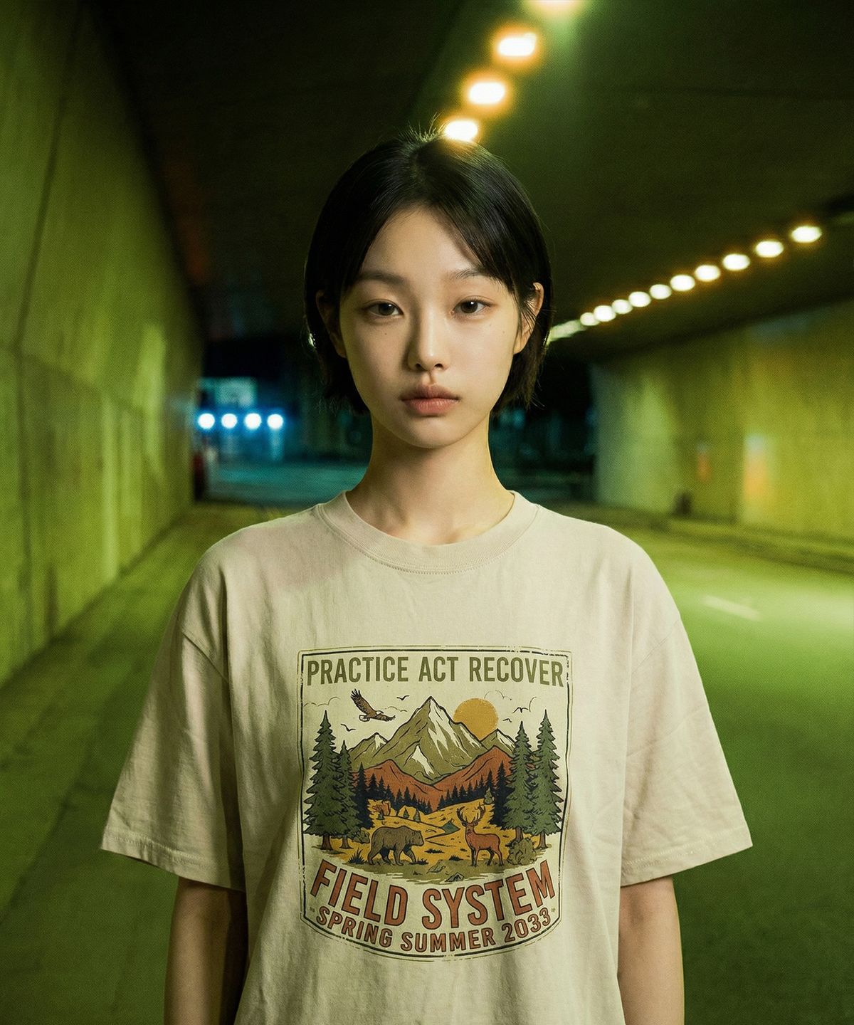 랑가주망(LENGAGEMENT) Field System Salt Wash Crop Short Sleeve T-Shirt (White)
