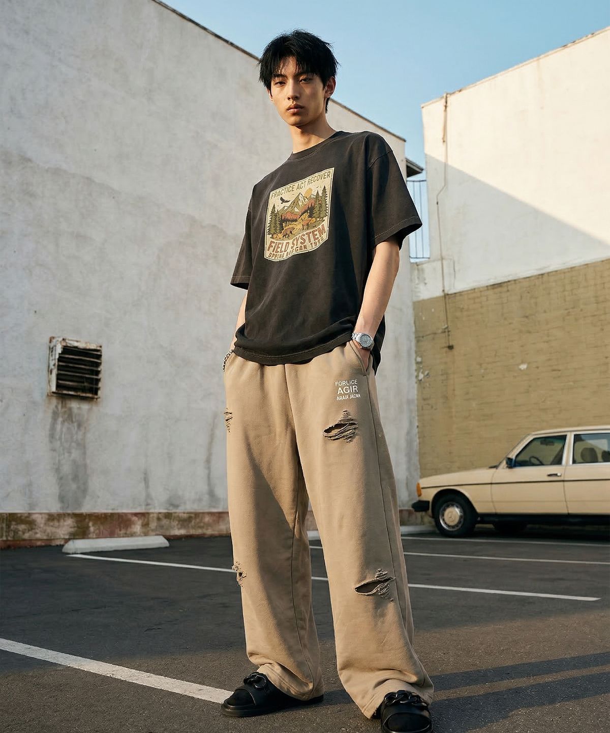 랑가주망(LENGAGEMENT) Field System Salt Wash Crop Short Sleeve T-Shirt (Black)