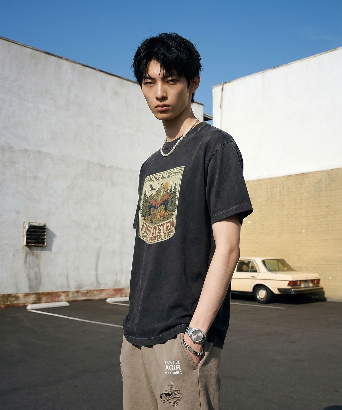 랑가주망(LENGAGEMENT) Field System Salt Wash Crop Short Sleeve T-Shirt (Black)