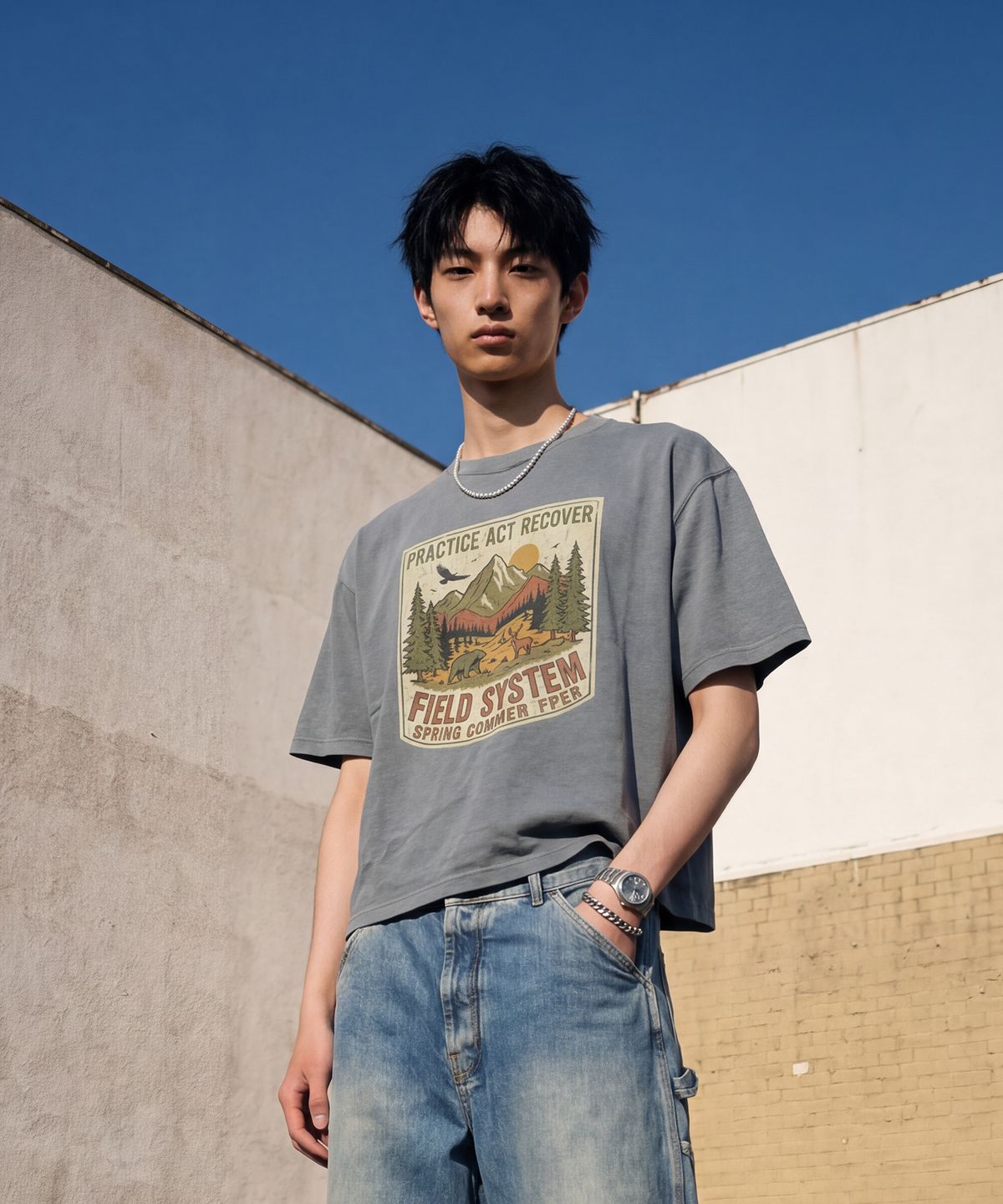 랑가주망(LENGAGEMENT) Field System Salt Wash Crop Short Sleeve T-Shirt (Light Blue)