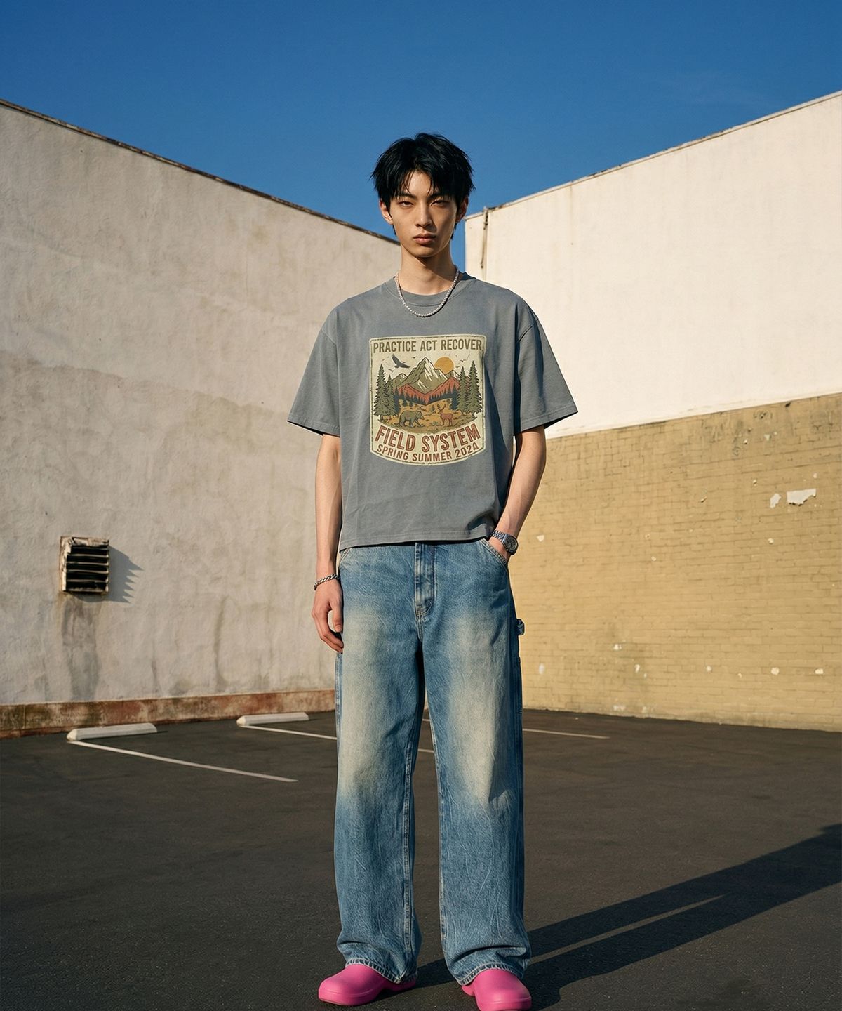 랑가주망(LENGAGEMENT) Field System Salt Wash Crop Short Sleeve T-Shirt (Light Blue)