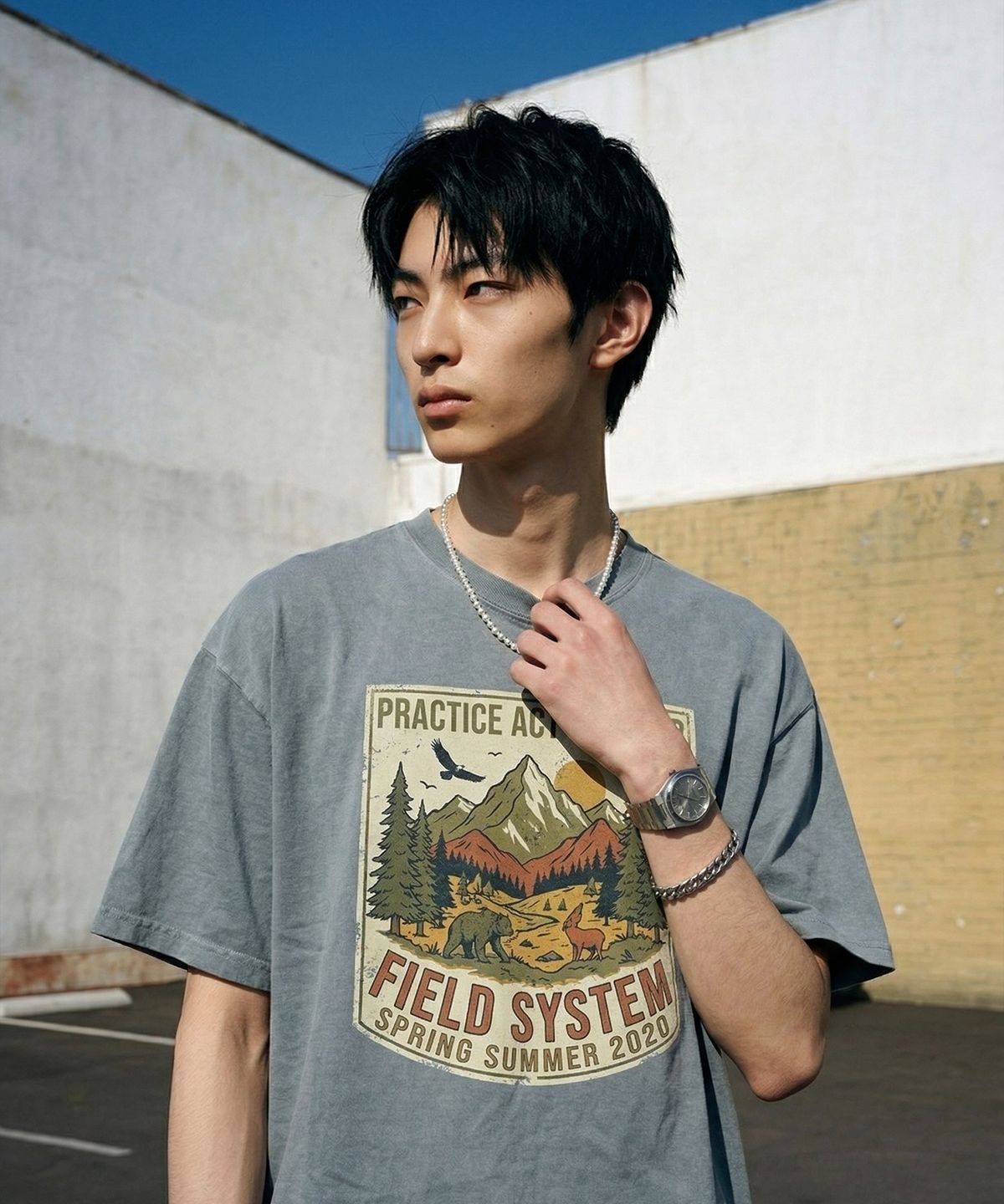 랑가주망(LENGAGEMENT) Field System Salt Wash Crop Short Sleeve T-Shirt (Light Blue)