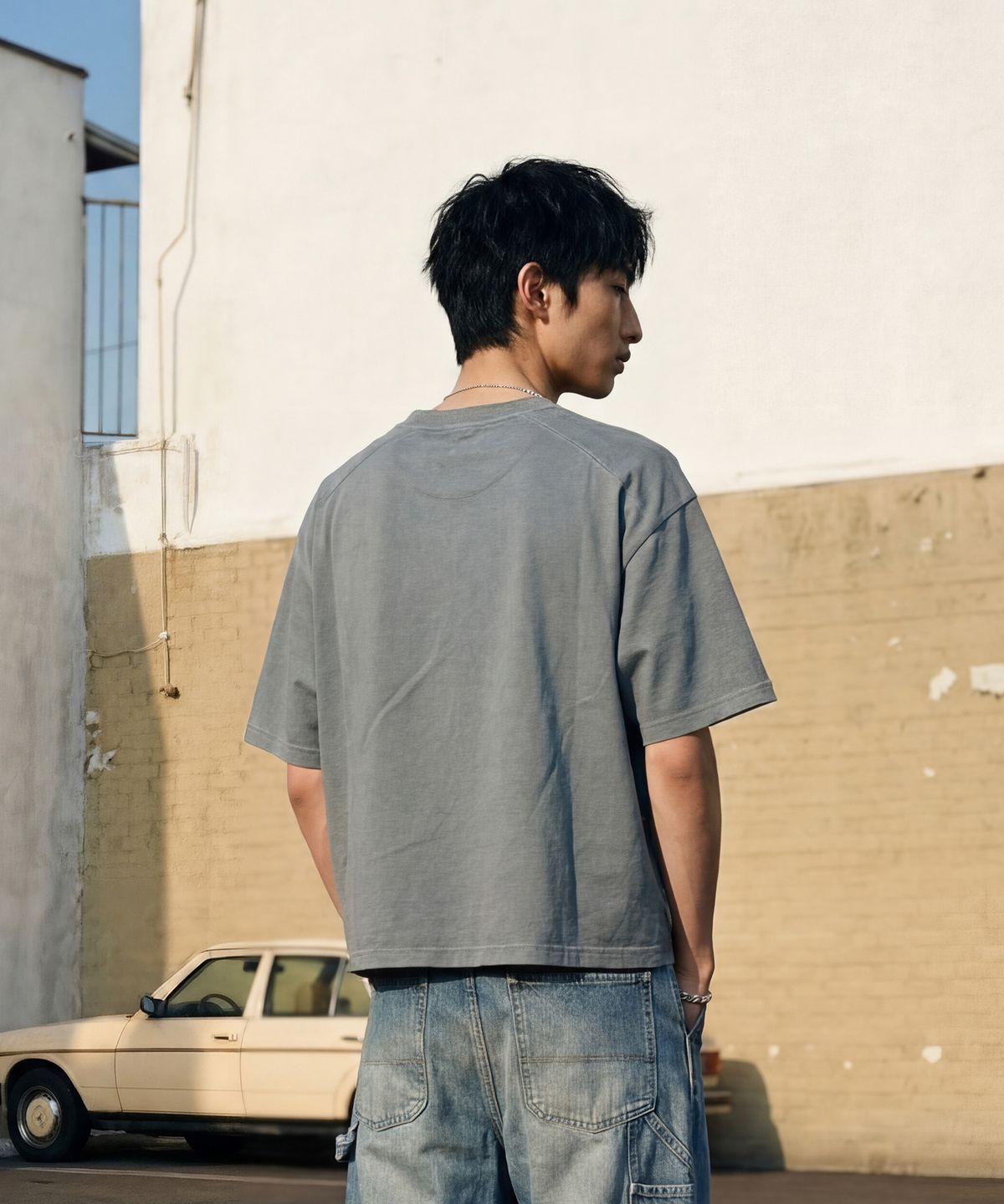 랑가주망(LENGAGEMENT) Field System Salt Wash Crop Short Sleeve T-Shirt (Light Blue)