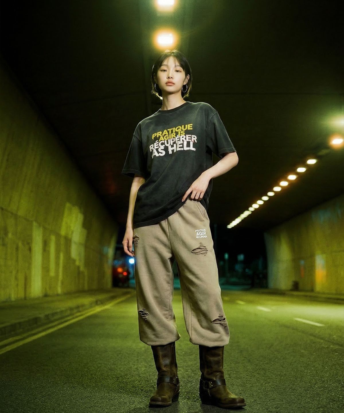 랑가주망(LENGAGEMENT) Hell-Raising Salt Wash Crop Short Sleeve T-Shirt (Black)