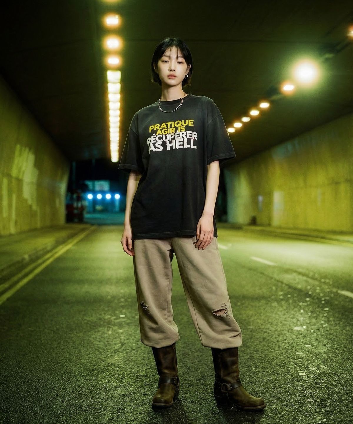 랑가주망(LENGAGEMENT) Hell-Raising Salt Wash Crop Short Sleeve T-Shirt (Black)