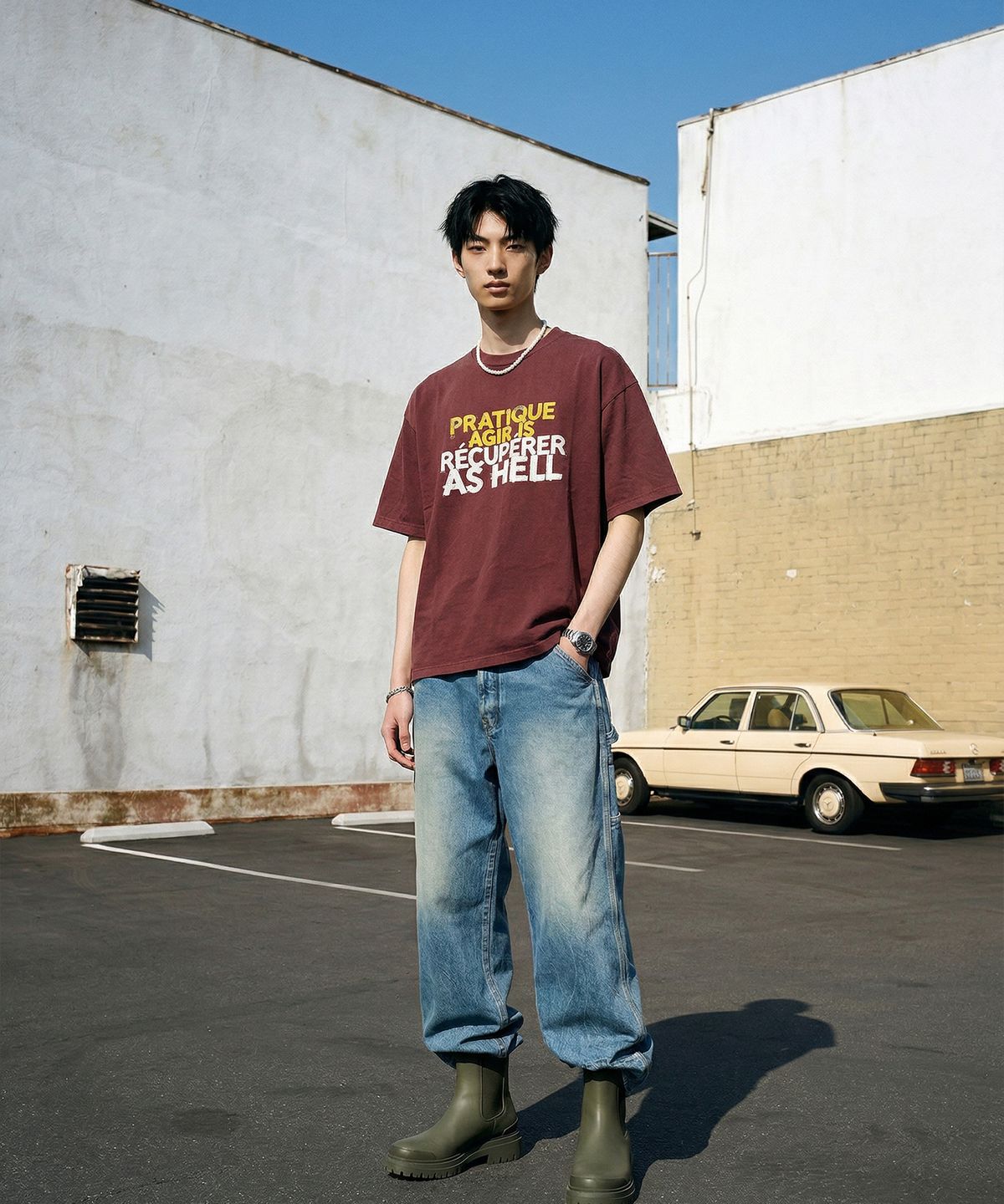 랑가주망(LENGAGEMENT) Hell-Raising Salt Wash Crop Short Sleeve T-Shirt (Red)