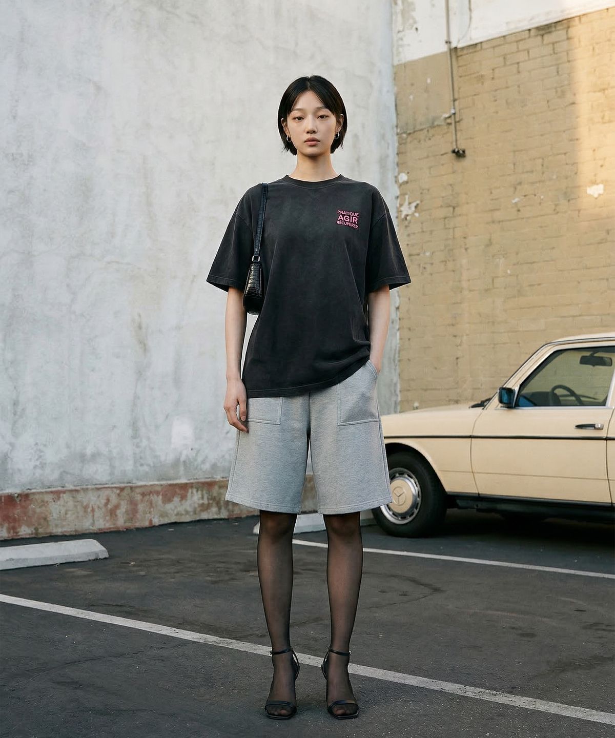 랑가주망(LENGAGEMENT) AGIR Salt Wash Crop Short Sleeve T-Shirt (Black)