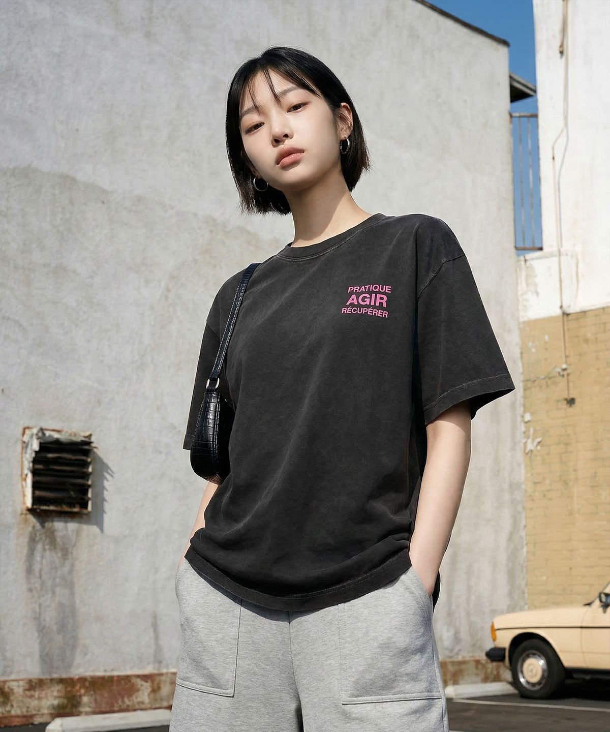 랑가주망(LENGAGEMENT) AGIR Salt Wash Crop Short Sleeve T-Shirt (Black)