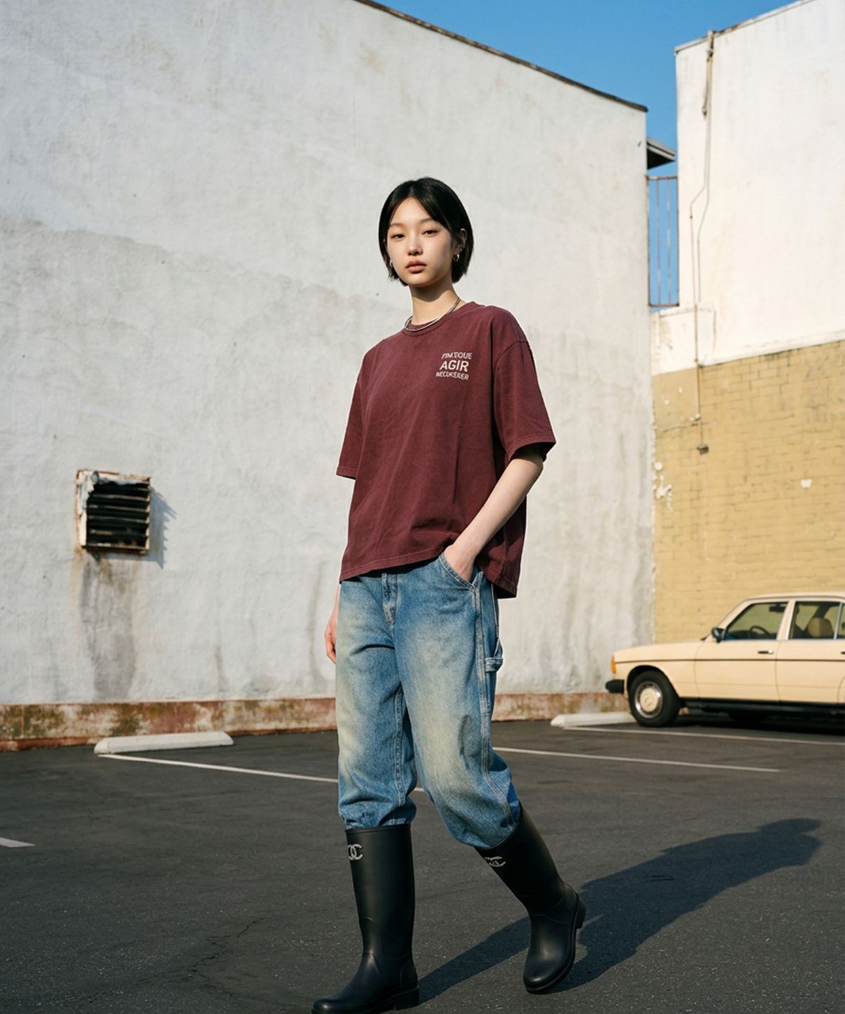 랑가주망(LENGAGEMENT) AGIR Salt Wash Crop Short Sleeve T-Shirt (Red)