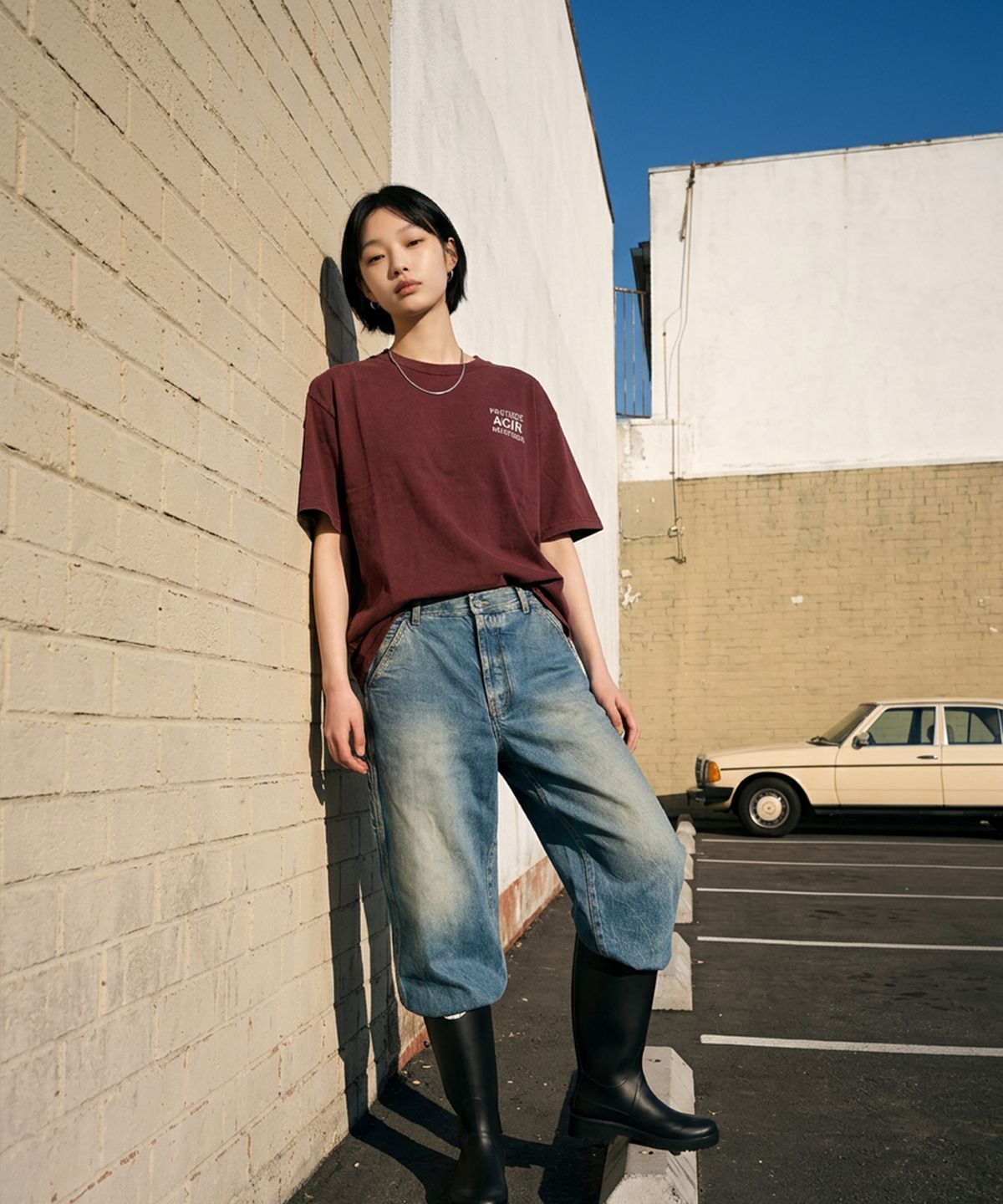 랑가주망(LENGAGEMENT) AGIR Salt Wash Crop Short Sleeve T-Shirt (Red)