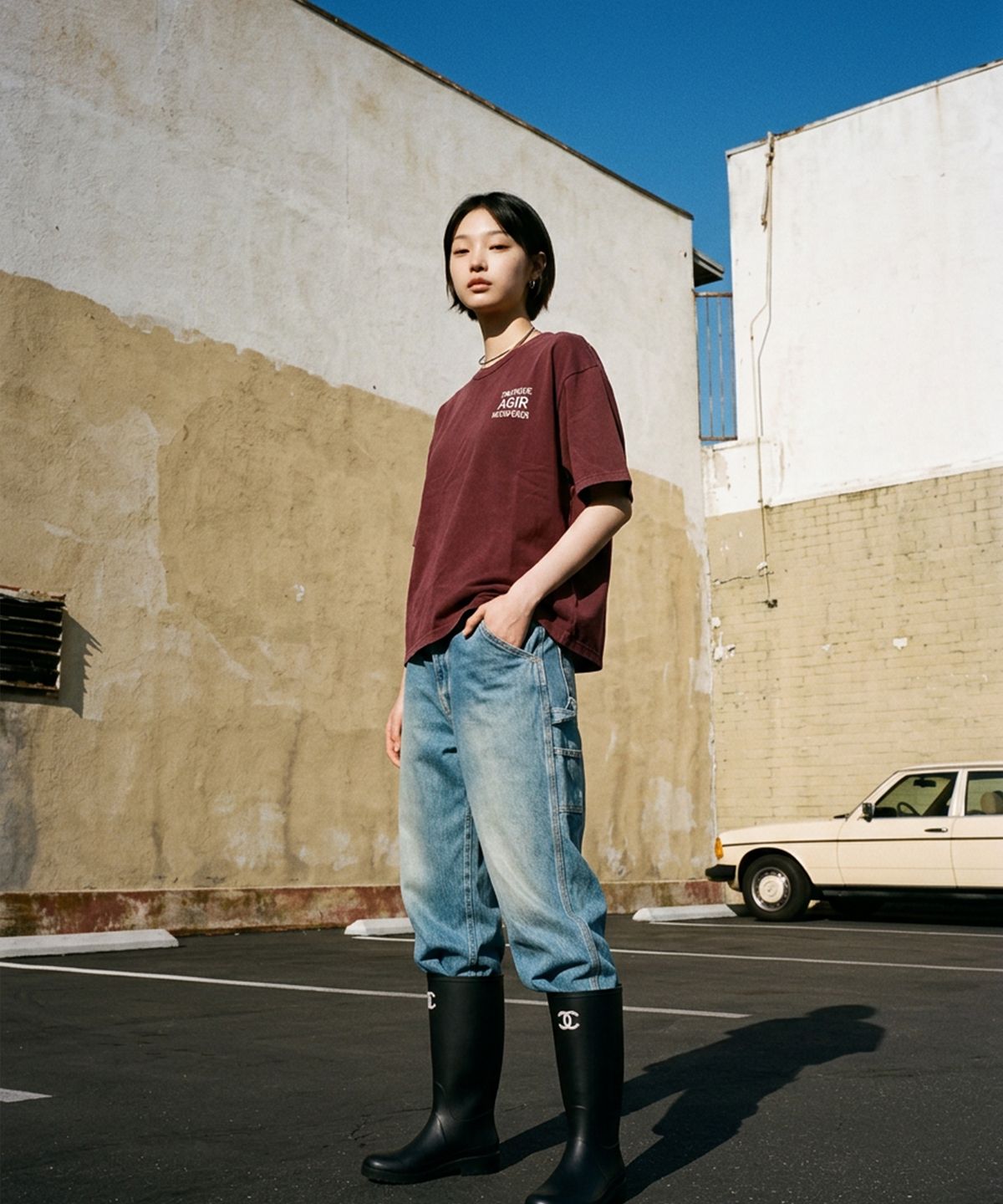 랑가주망(LENGAGEMENT) AGIR Salt Wash Crop Short Sleeve T-Shirt (Red)