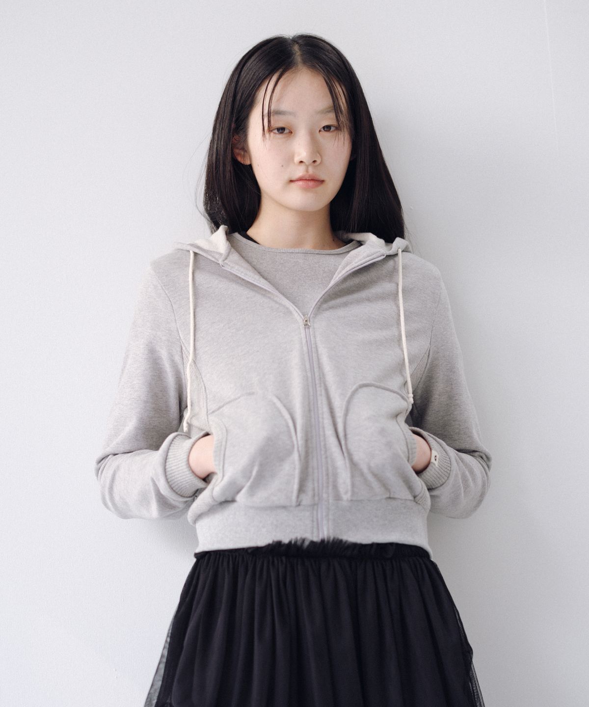오헤시오(OHESHIO) TWO-TONE WAFFLE HOODED ZIP-UP, MELANGE