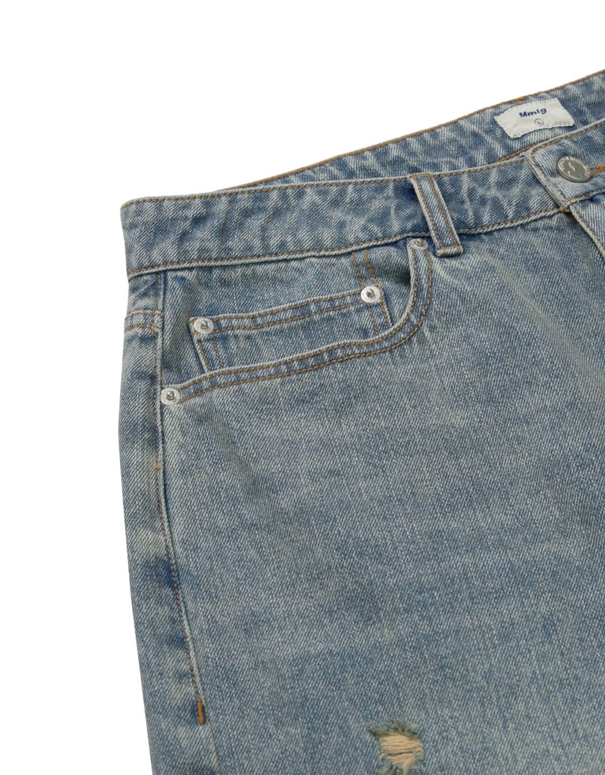 엠엠엘지(MMLG) DISTRESSED WASHED DENIM SHORTS (ASH BLUE)