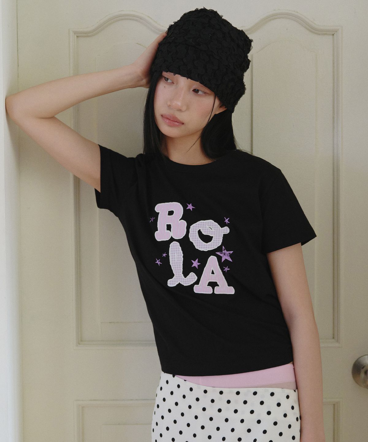 로라로라(ROLAROLA) ROLA LETTERING PATCHWORK T-SHIRT BLACK