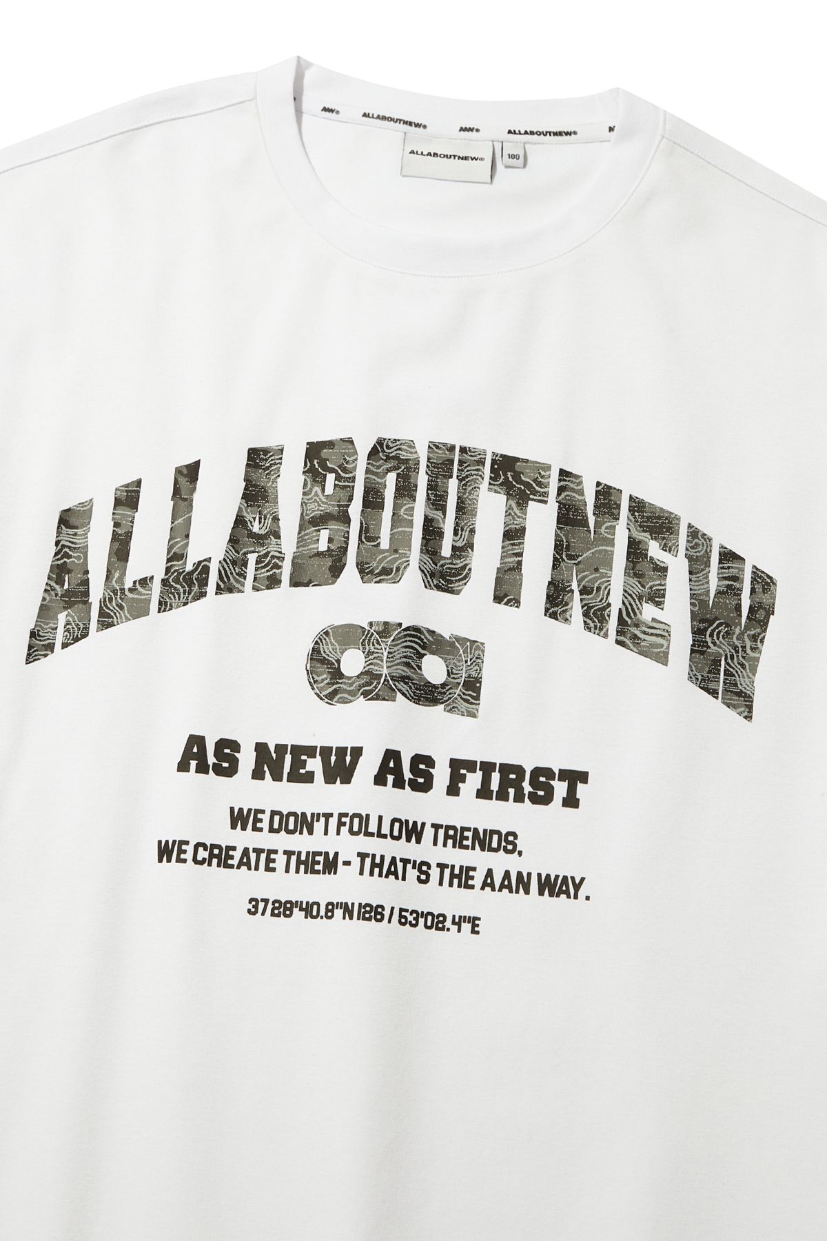 올어바웃뉴(ALL ABOUT NEW) 패턴 믹스 레터링 반팔 티셔츠 화이트 ANA2TM33AWH