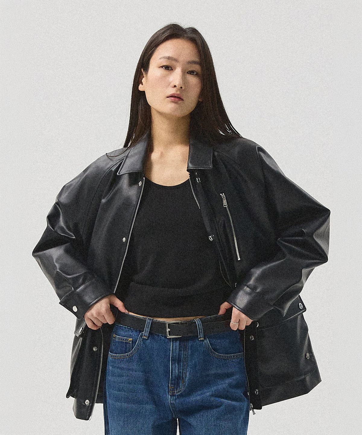 아흐레(AHRE) Varen Faux Leather Field Jacket_BLACK